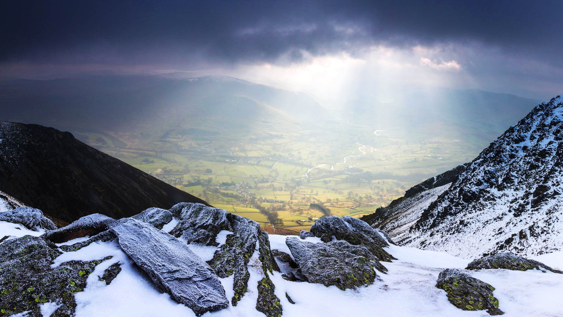rays, snow, England, The lake district, river, clouds, valley St Johns, 1080P, mountains, HD Wallpaper
