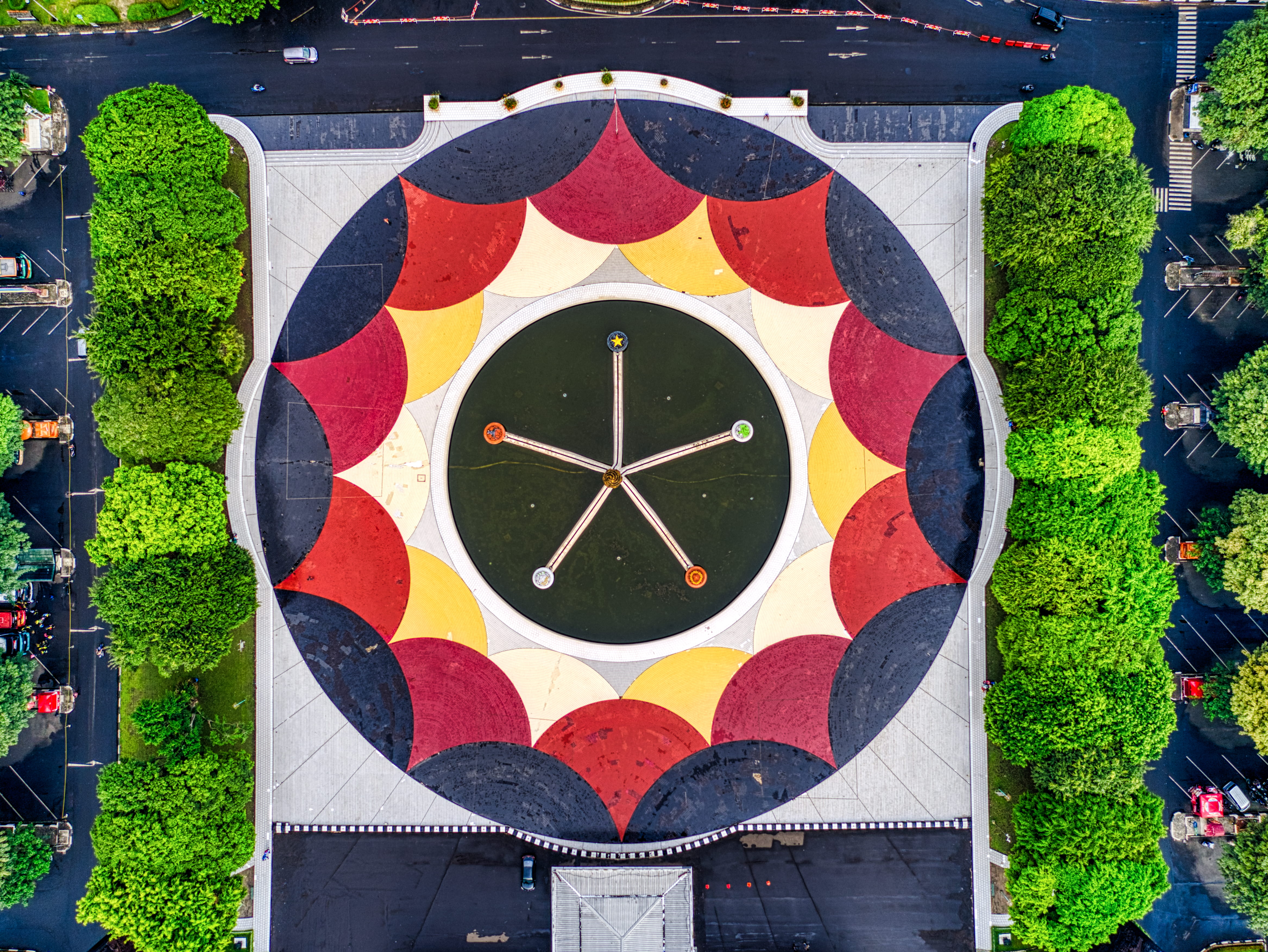 transportation system, modern, drone footage, exterior, environment, multi colored, aerial footage, close-up, aerial view, flag, roof, green, cars, nature, HD Wallpaper