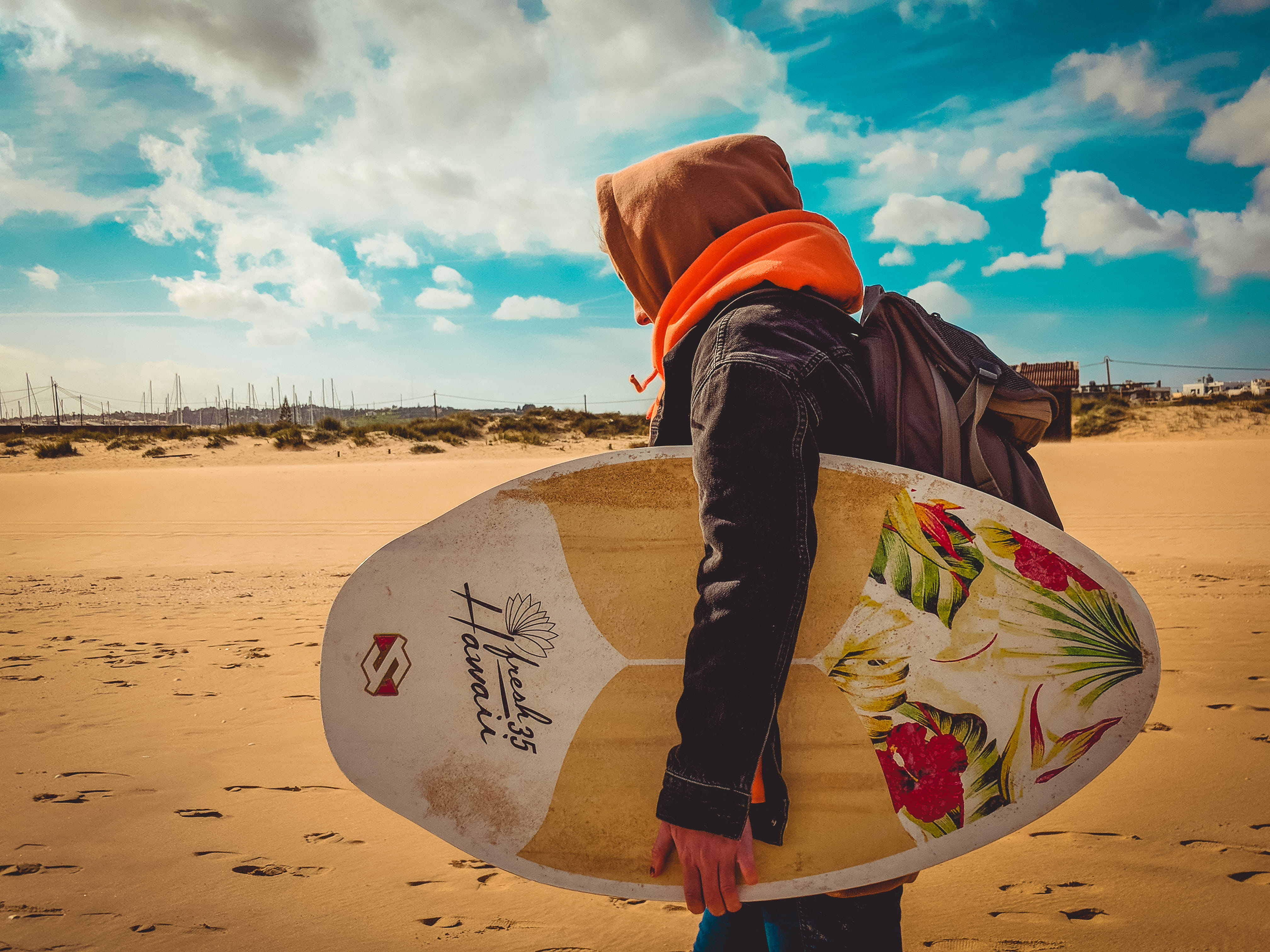 sunlight, sky, sand, carrying, holding, nature, men, travel, 4K, outdoors, surfboard, sun, surfergirl, denim, beach, ocean, leisure activity, cloud - sky, HD Wallpaper