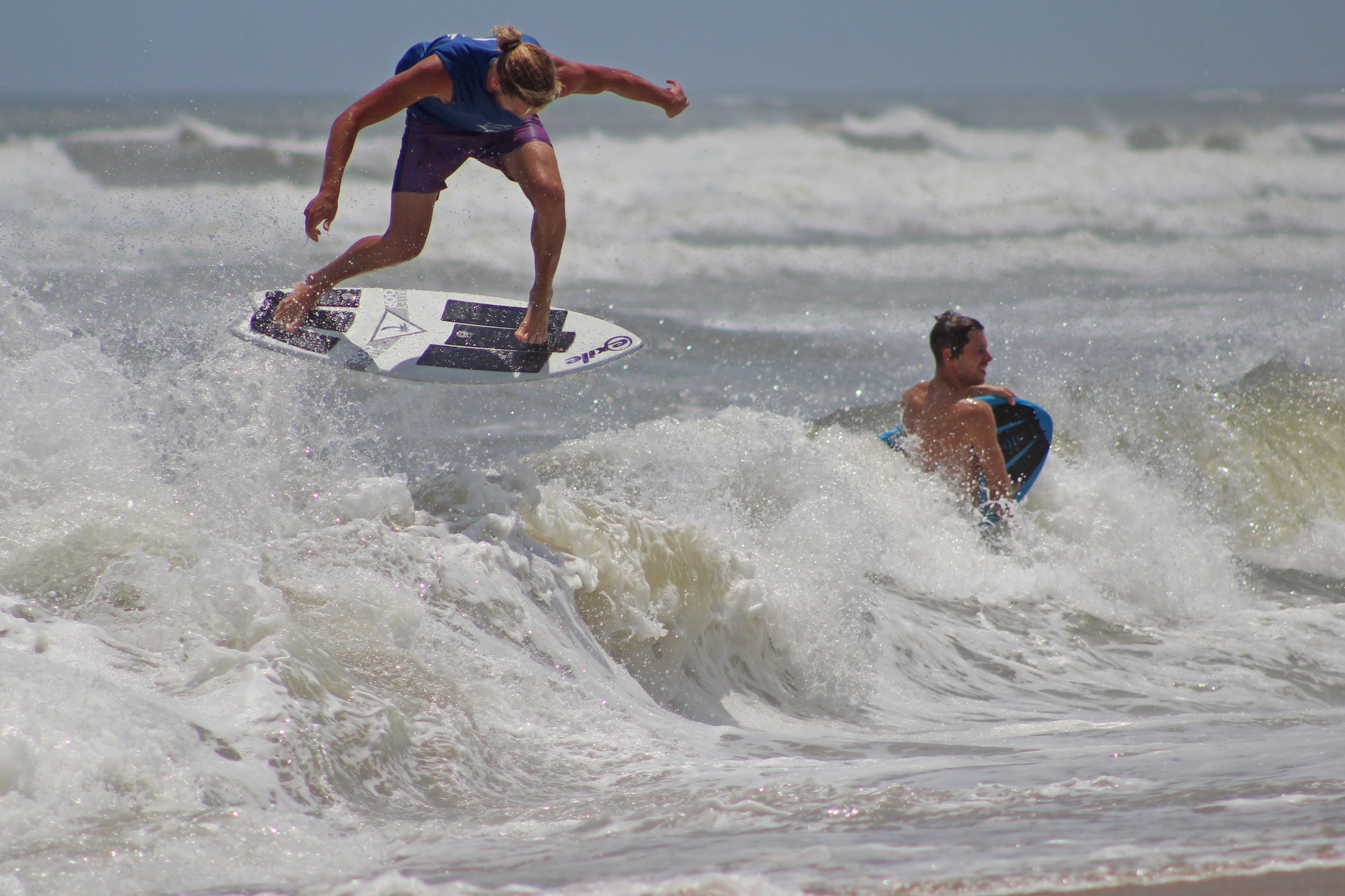 adventure, enjoyment, coastline, sea, outdoors, people, two people, 4K, carolina, splashing, beach, water, extreme sports, aquatic sport, sport, men, skimboard, HD Wallpaper