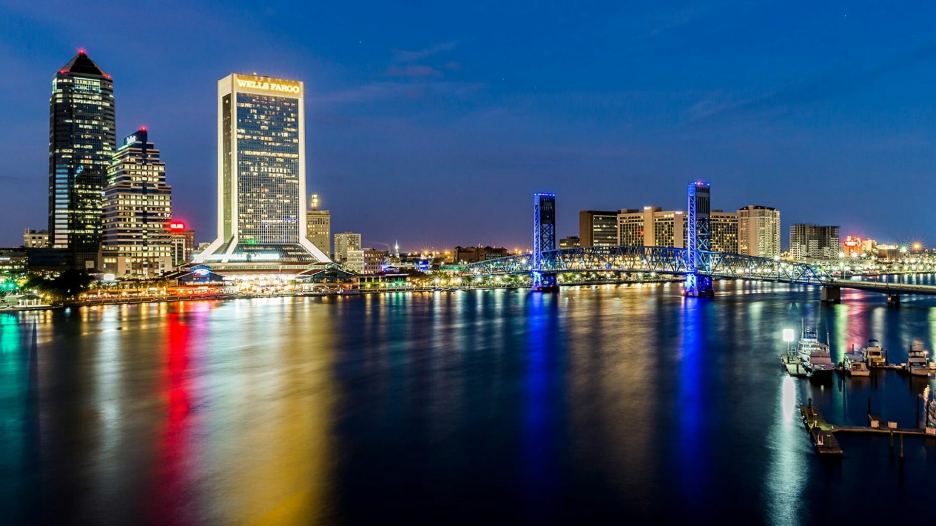 no people, bay, night, reflection, office building exterior, jacksonville, city lights, cityscape, building exterior, florida, modern, waterway, night lights, HD Wallpaper