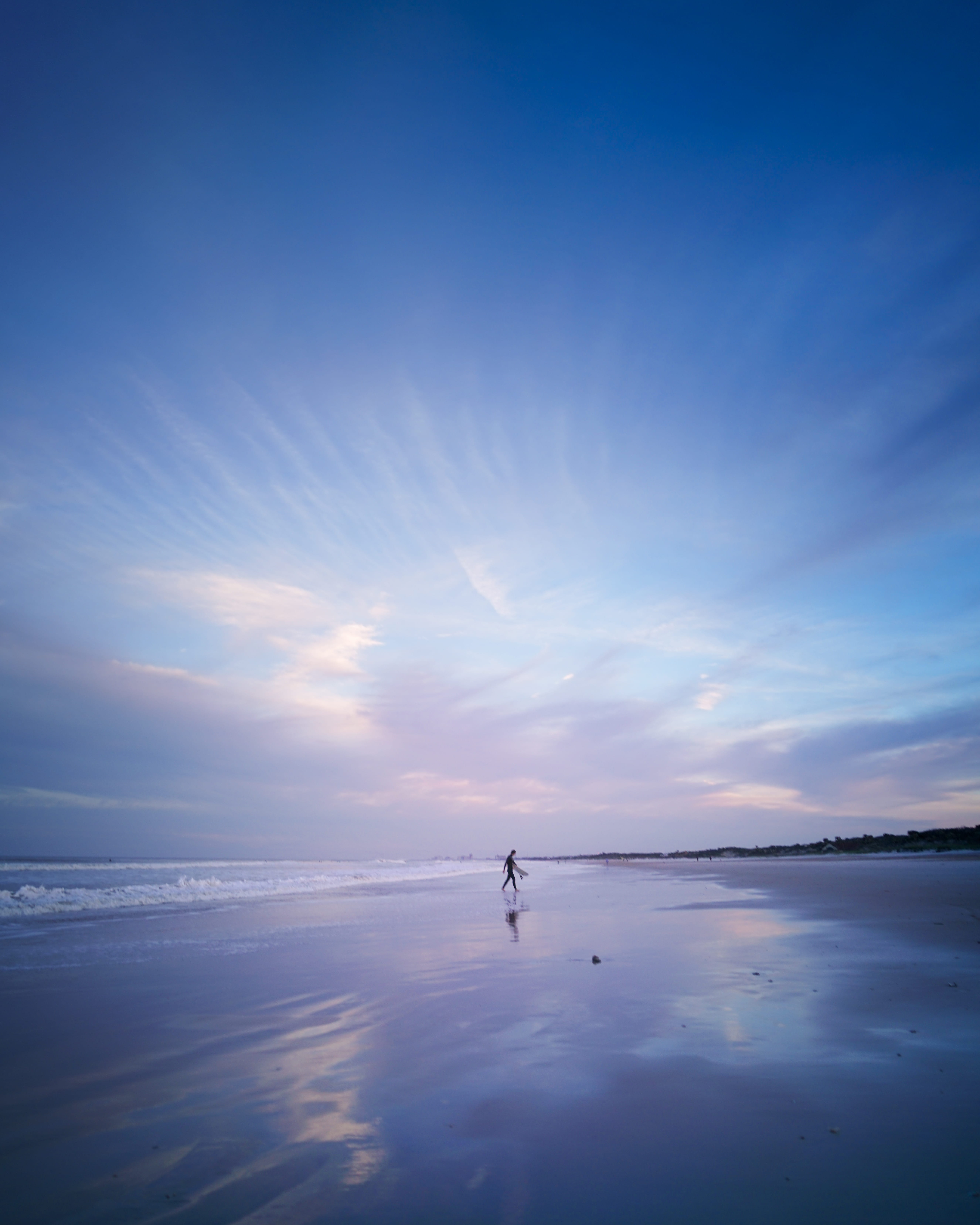 waterfront, scenics - nature, beachscape, clouds, landscape, beach, sea, non-urban scene, sunset, surfboard, horizon, cloud - sky, lifestyles, one person, Phone HD Wallpaper