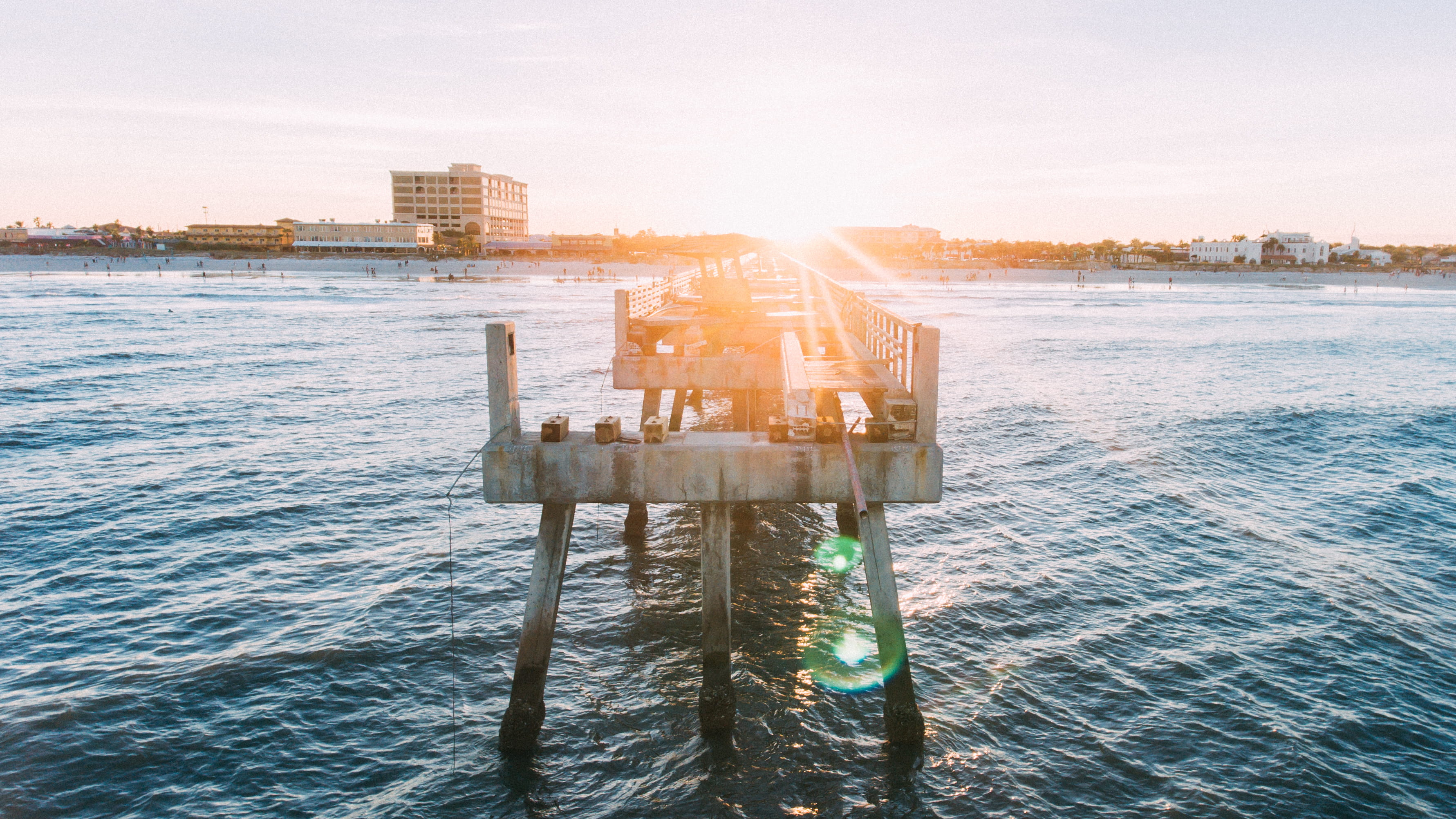 outdoors, architecture, transportation, united states, sea, city, sun, sunset, vsco, beach, jacksonville, lens flare, hurricane, scenics - nature, wood, HD Wallpaper