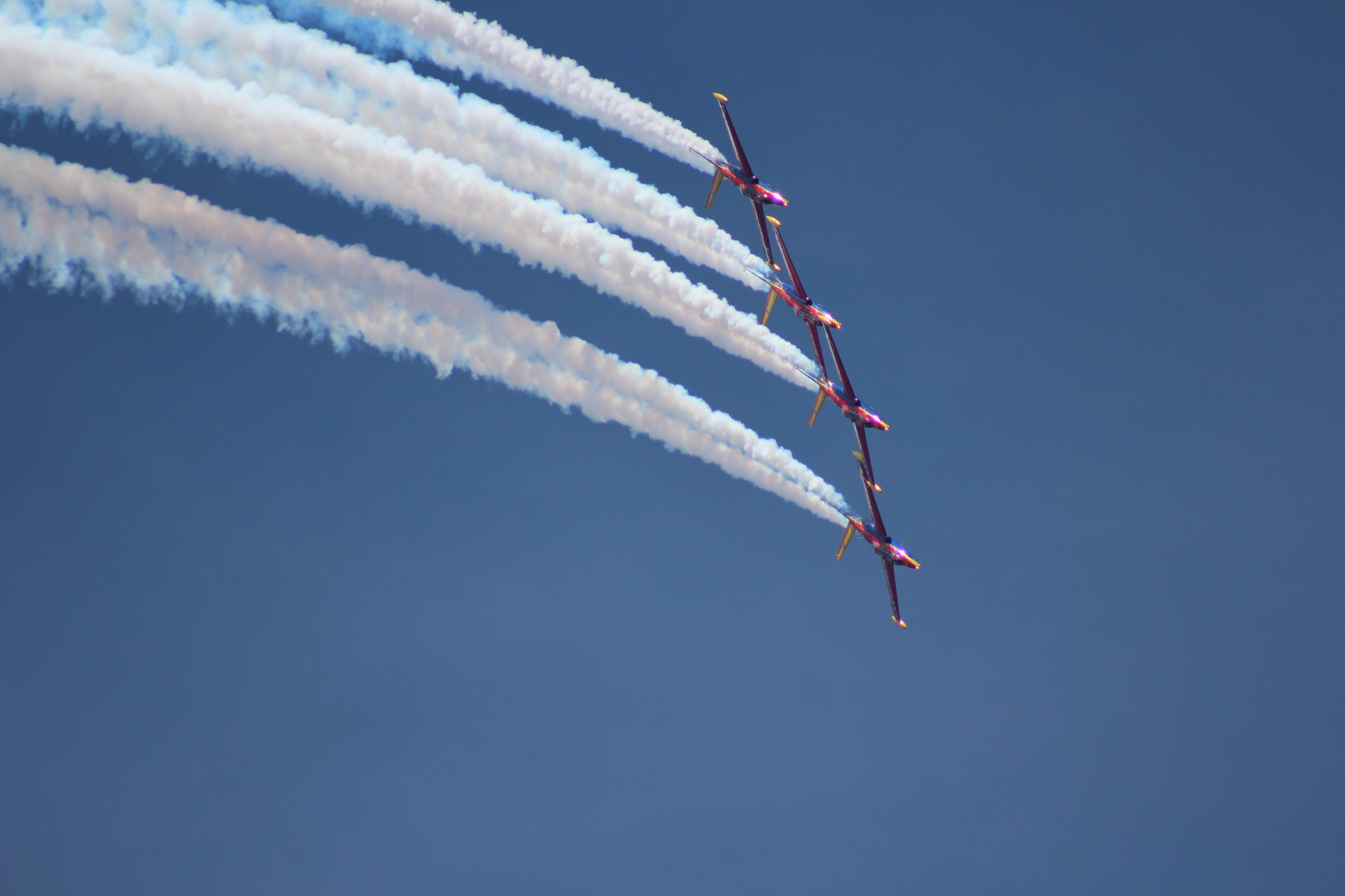 aerobatic, motion, cloud - sky, fighter plane, airshow, display, air vehicle, smoke - physical structure, show, aircraft, sky, blue, outdoors, precision, HD Wallpaper