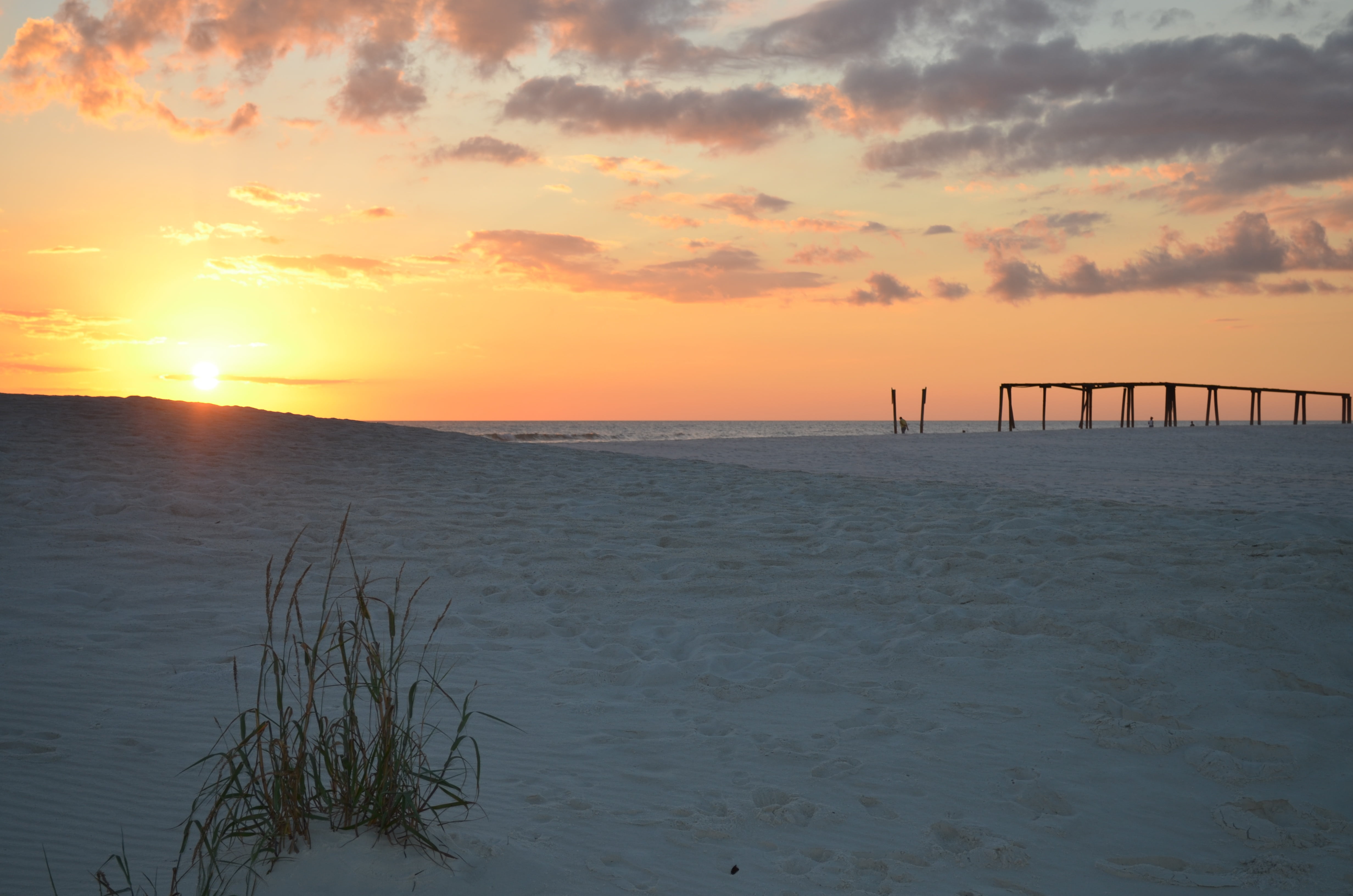 idyllic, beach, panama city beach, sky, sunset, nature, tranquil scene, scenics - nature, coastline, wooden post, beauty in nature, sea, orange color, horizon, HD Wallpaper