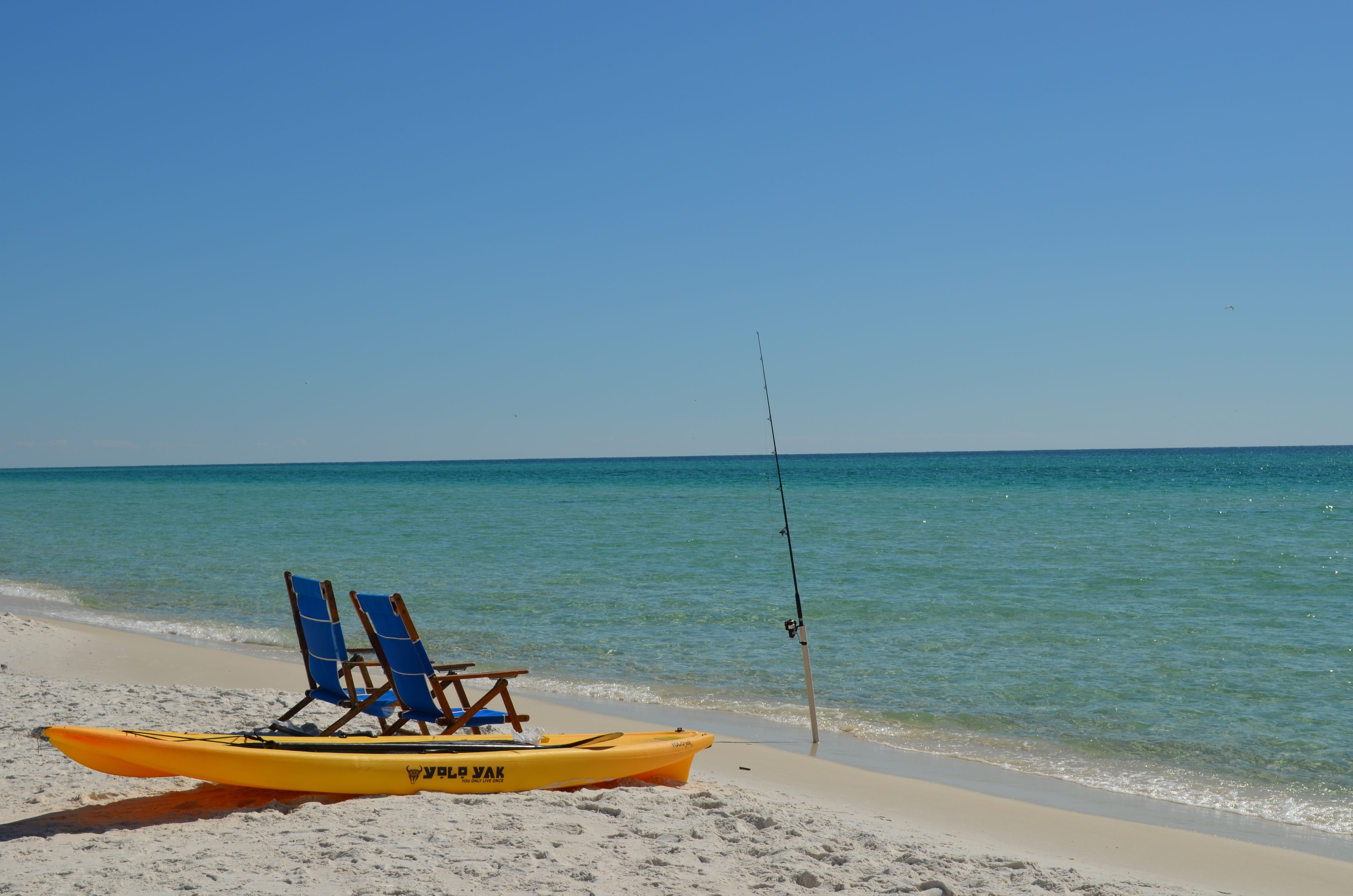 mode of transportation, blue, horizon over water, surf, day, outdoors, panama city beach, idyllic, 4K, horizon, Kayak, water, land, Beach, sea, beauty in nature, HD Wallpaper