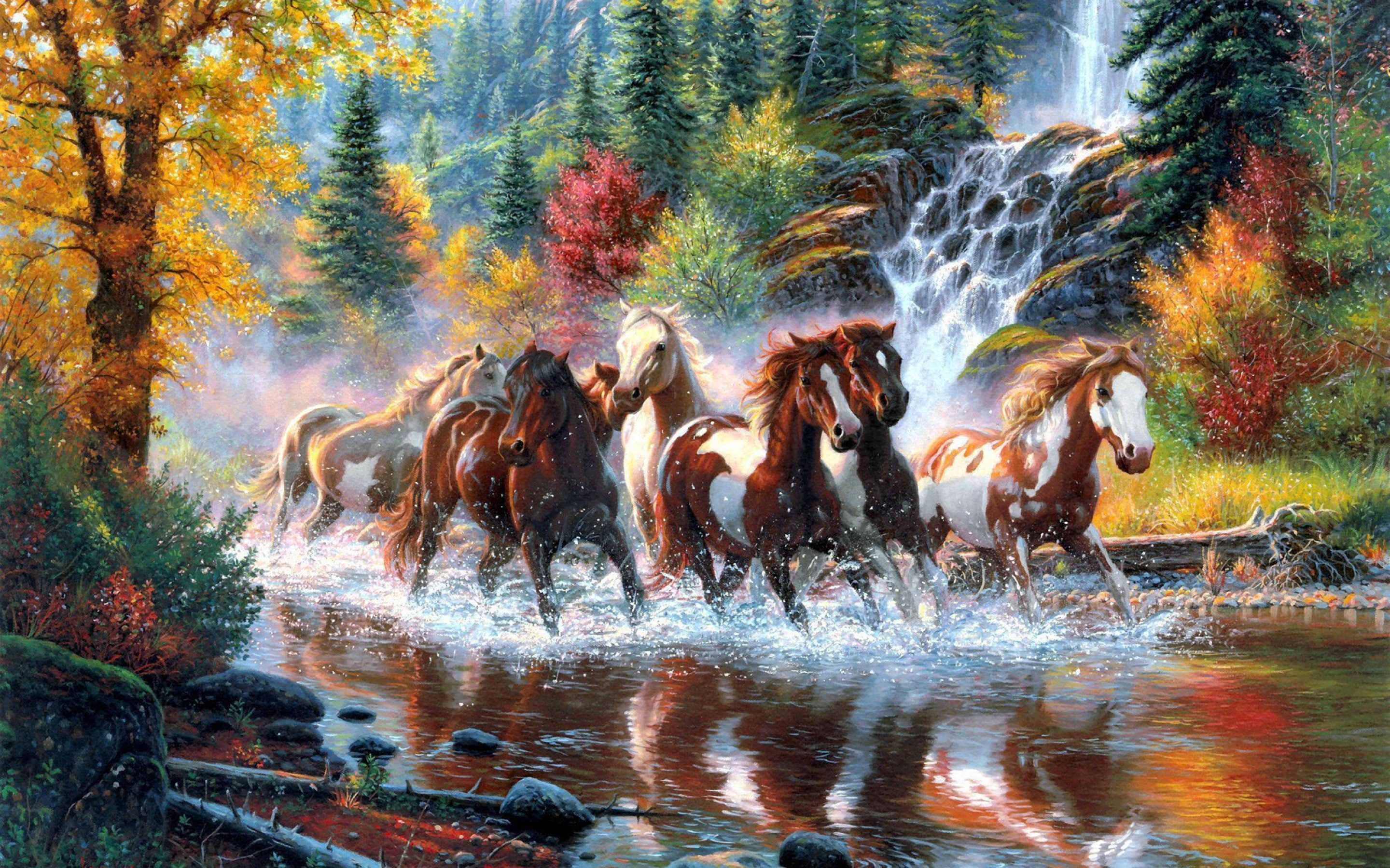 painting, Wester, landscape, nature, artwork, river, native, waterfall, indian, Woods, 2K, tree, horse, forest, american, Country, autumn, HD Wallpaper