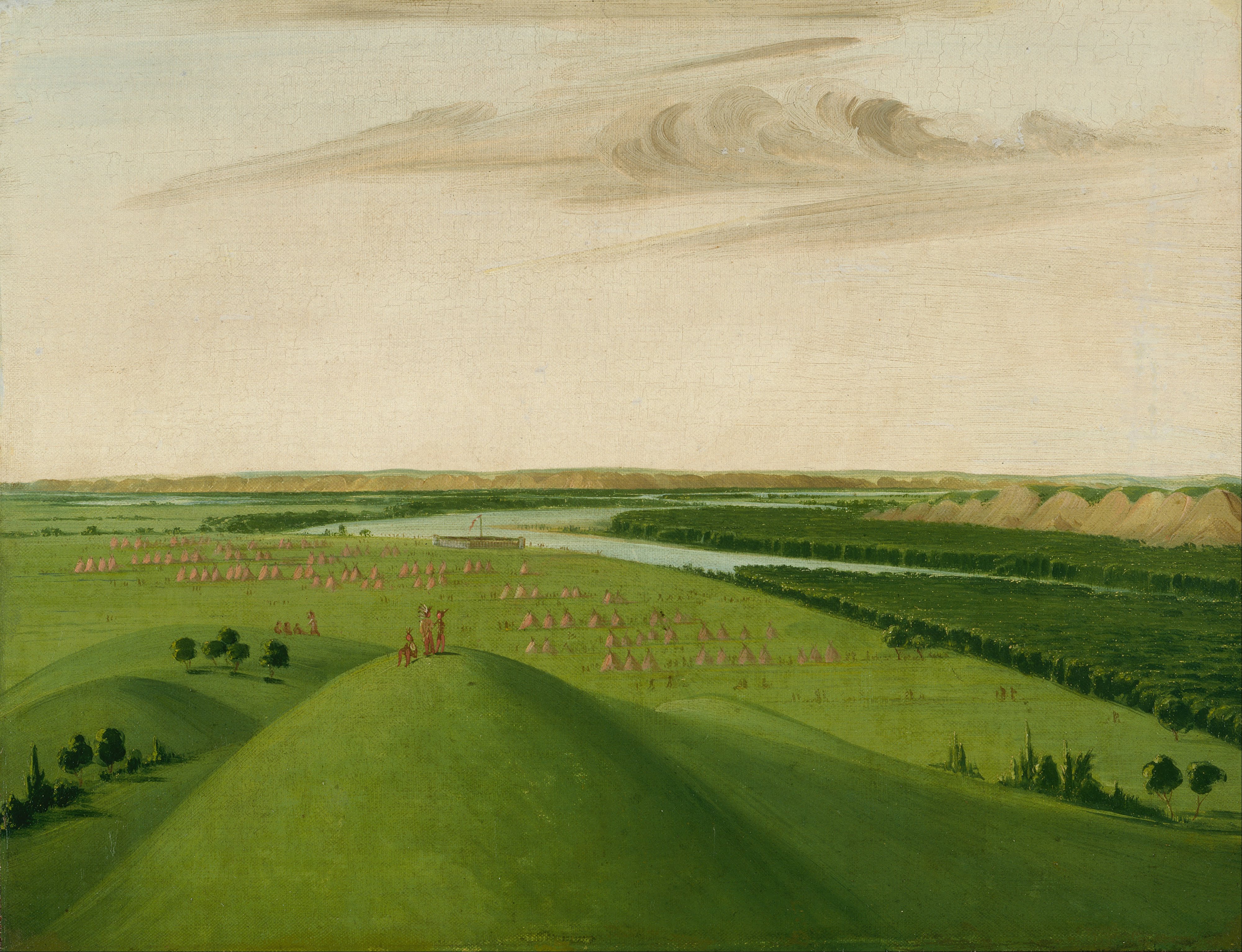plant, sky, green color, outdoors, painting, clouds, day, tranquil scene, george catlin, trees, outside, green, homes, forest, indians, grass, environment, HD Wallpaper