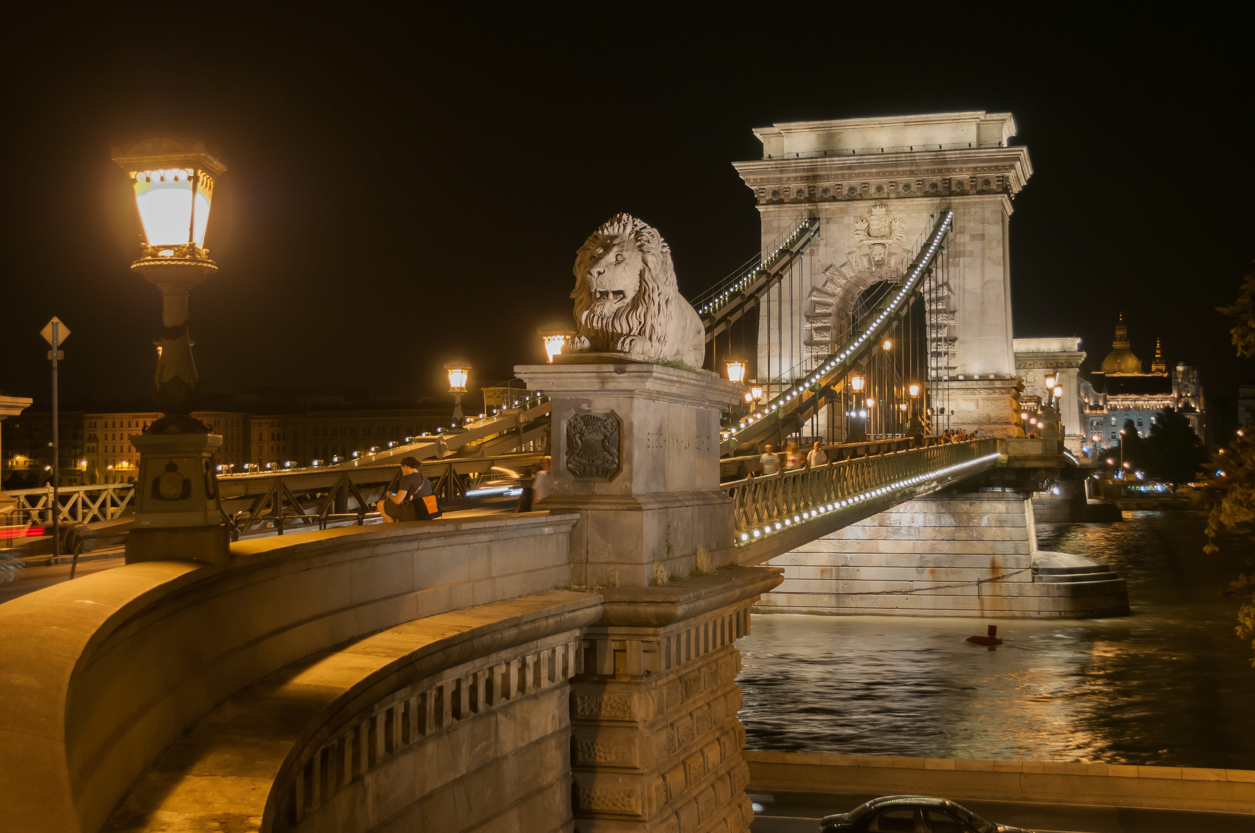 Suspension, built structure, river, city, building exterior, sculpture, heritage, tourism, travel destinations, illuminated, lions, connection, light, budapest, HD Wallpaper