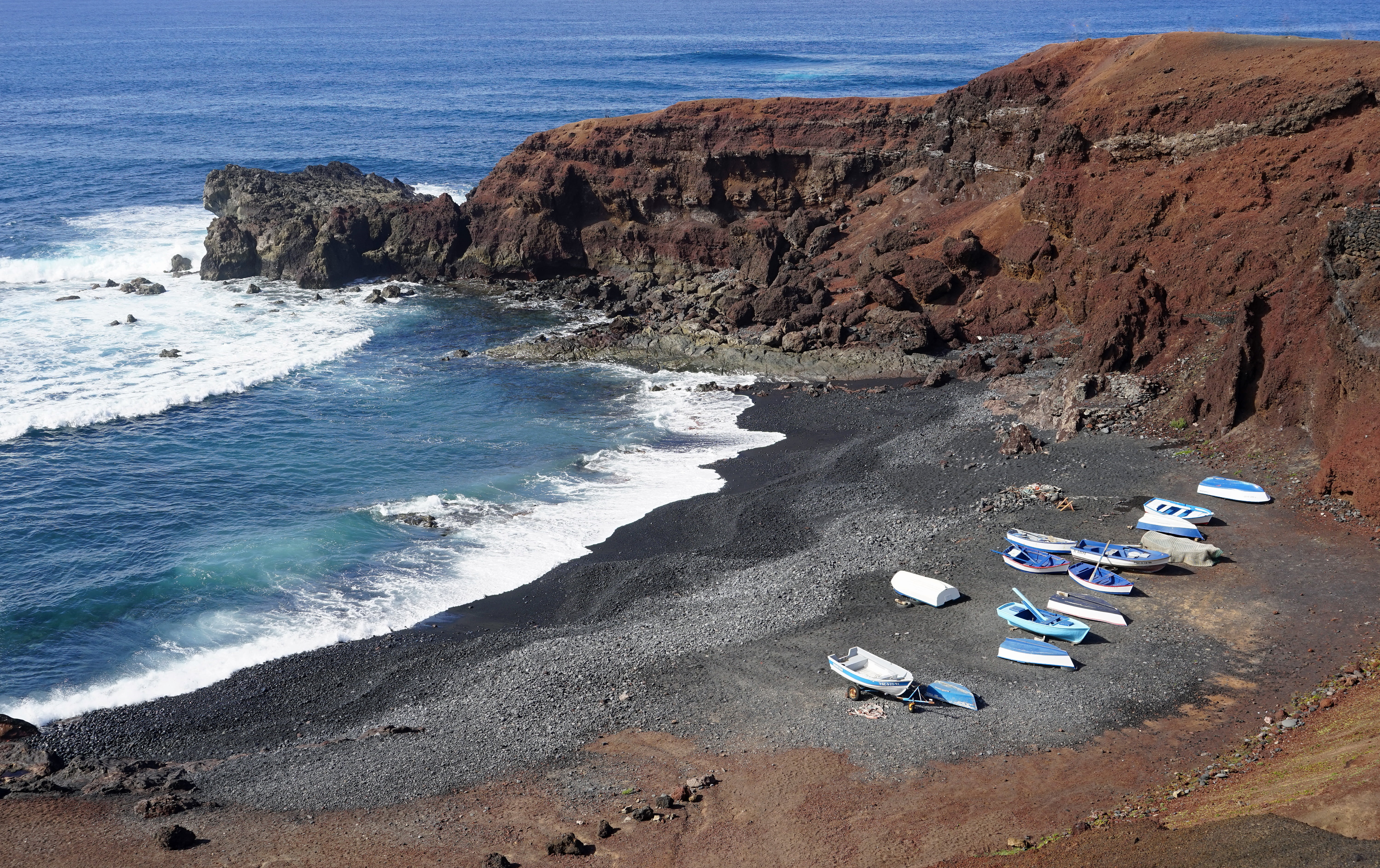 tranquility, land, booked, tranquil scene, ocean surf, beach, 5K, nature, surf, rock - object, fishing boats, scenics - nature, lanzarote, no people, day, HD Wallpaper