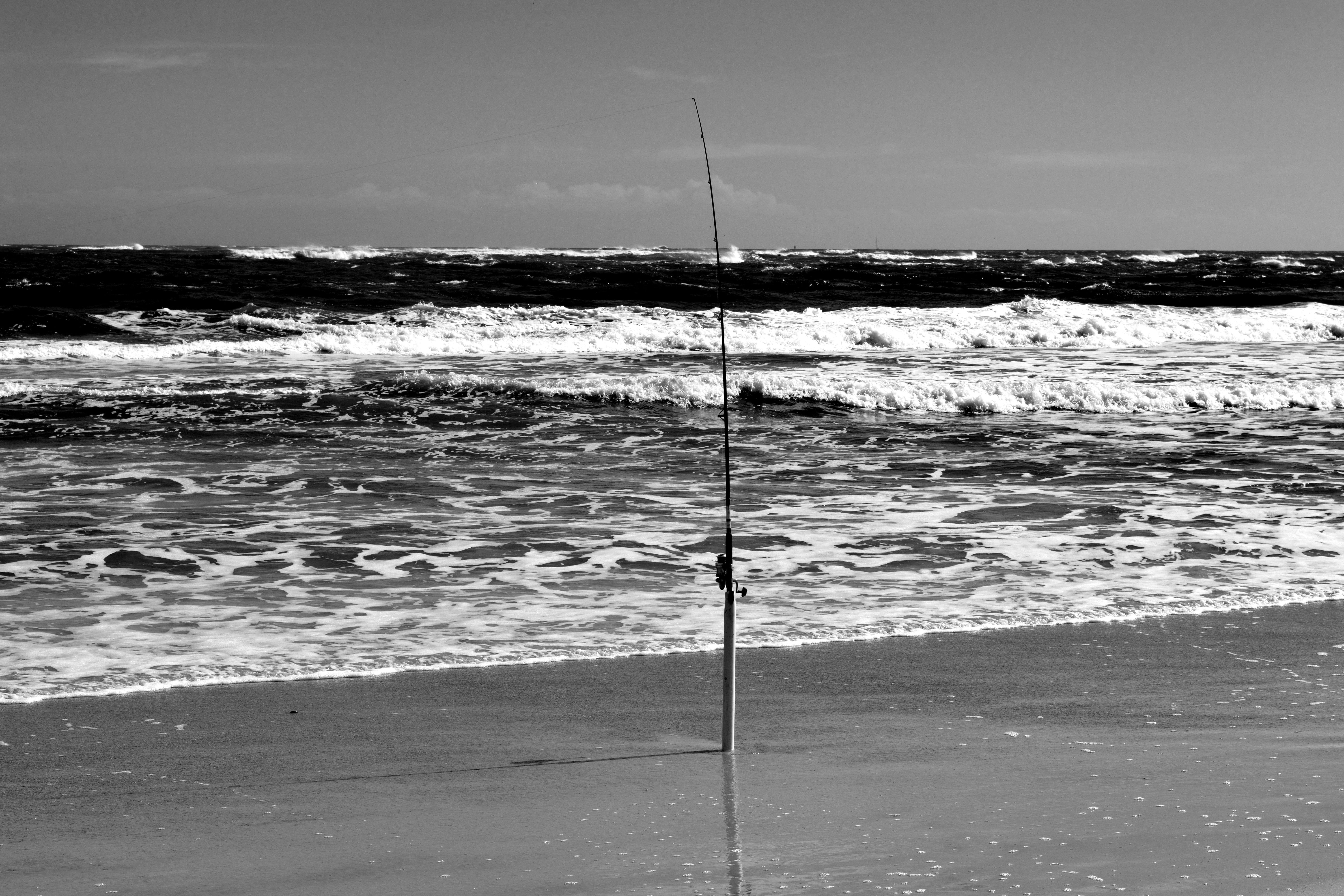 idyllic, reel, 5K, fishing pole, no people, hobby, rod, surf fishing, flowing water, coast, wave, florida, nobody, water, surf, ocean, land, nature, sky, HD Wallpaper
