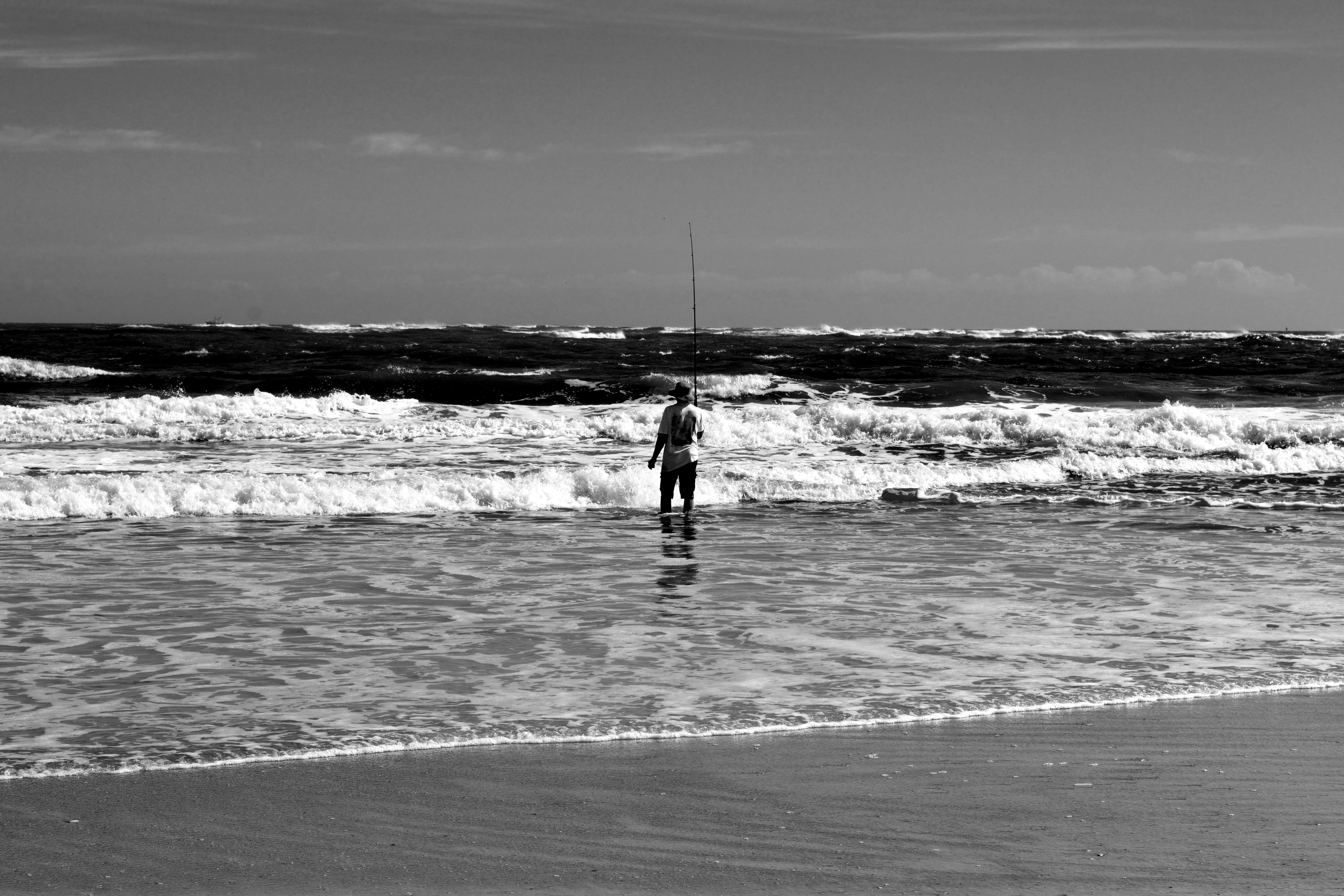 leisure, coast, hobby, land, florida, beach, aquatic sport, monochrome, leisure activity, men, real people, motion, ocean, person, fishing, angler, angling, HD Wallpaper