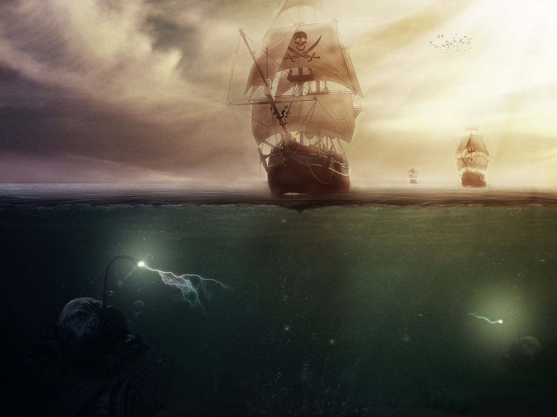 dusk, land, sky, summer, no people, cloud - Sky, lens flare, nautical Vessel, 1080P, sailing, pirates, sun, cultures, blue, fish, adventure, scenics, travel, HD Wallpaper