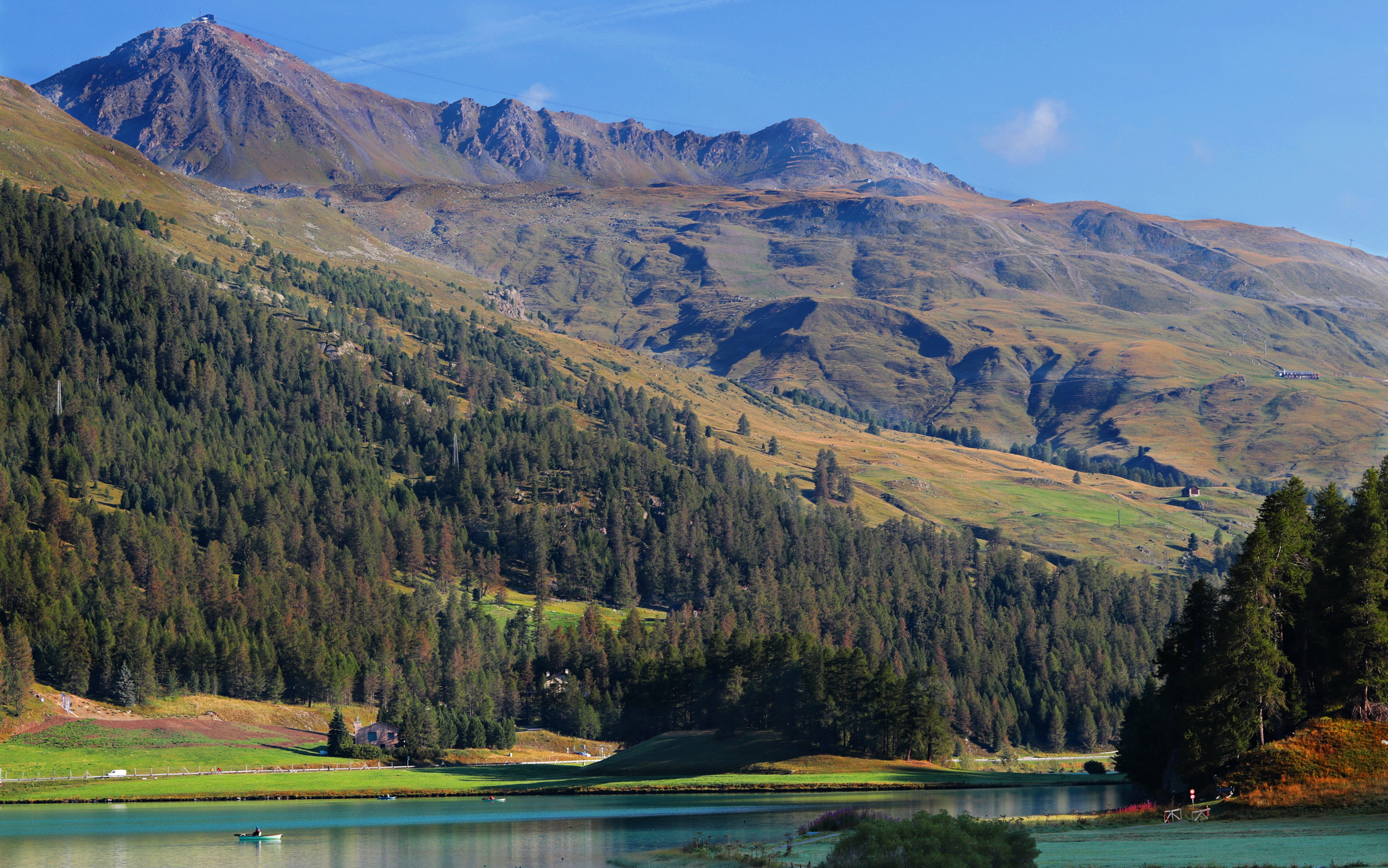alpine, boat, angler, idyllic, mountain, silvaplana, mountains, remote, transportation, scenics - nature, tree, graubünden, panoramic image, plant, engadin, HD Wallpaper