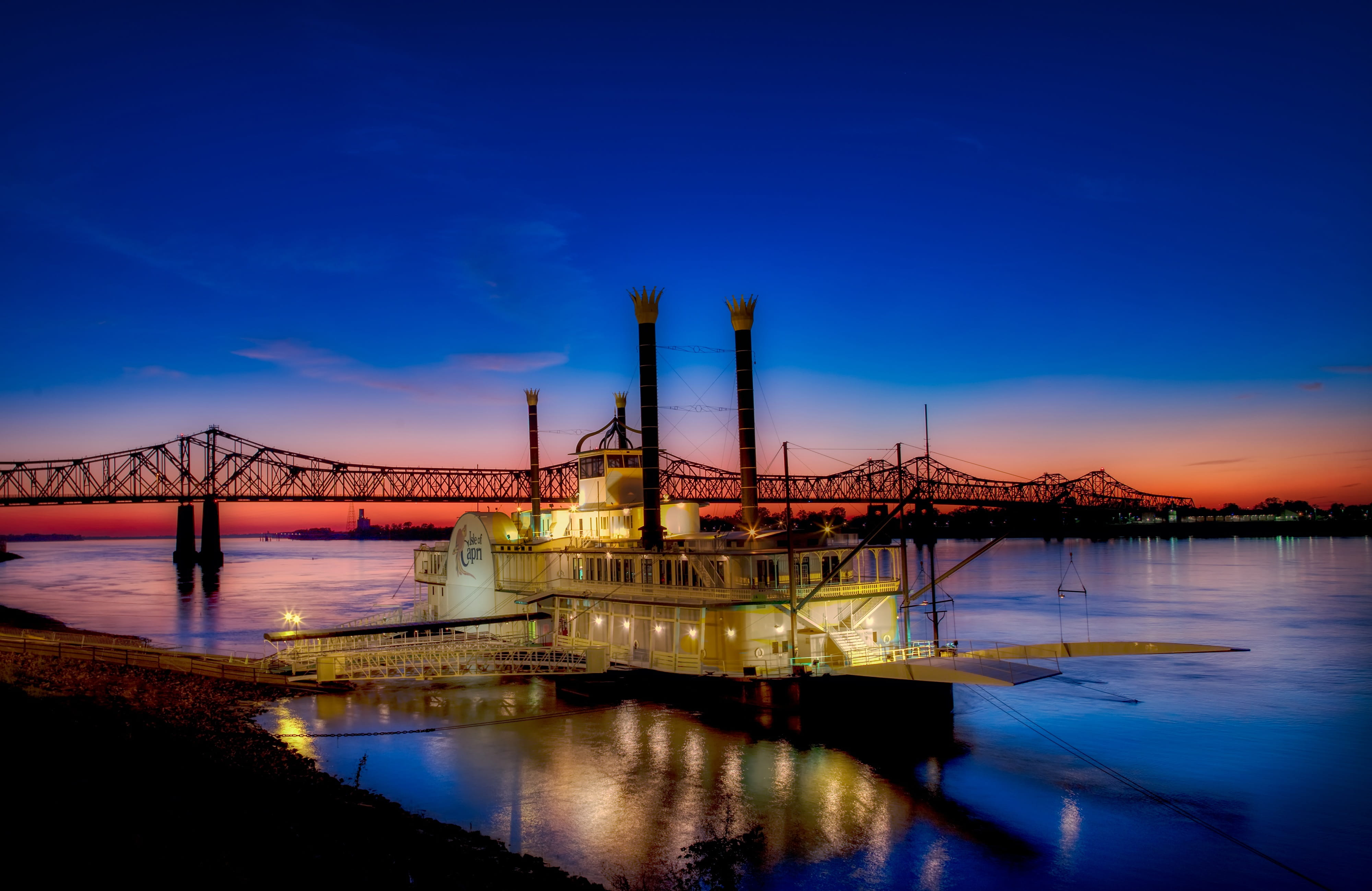 dusk, connection, silhouette, natchez, sunset, transportation, panorama, tourism, bridge - man made structure, night, gambling, america, illuminated, mood, HD Wallpaper