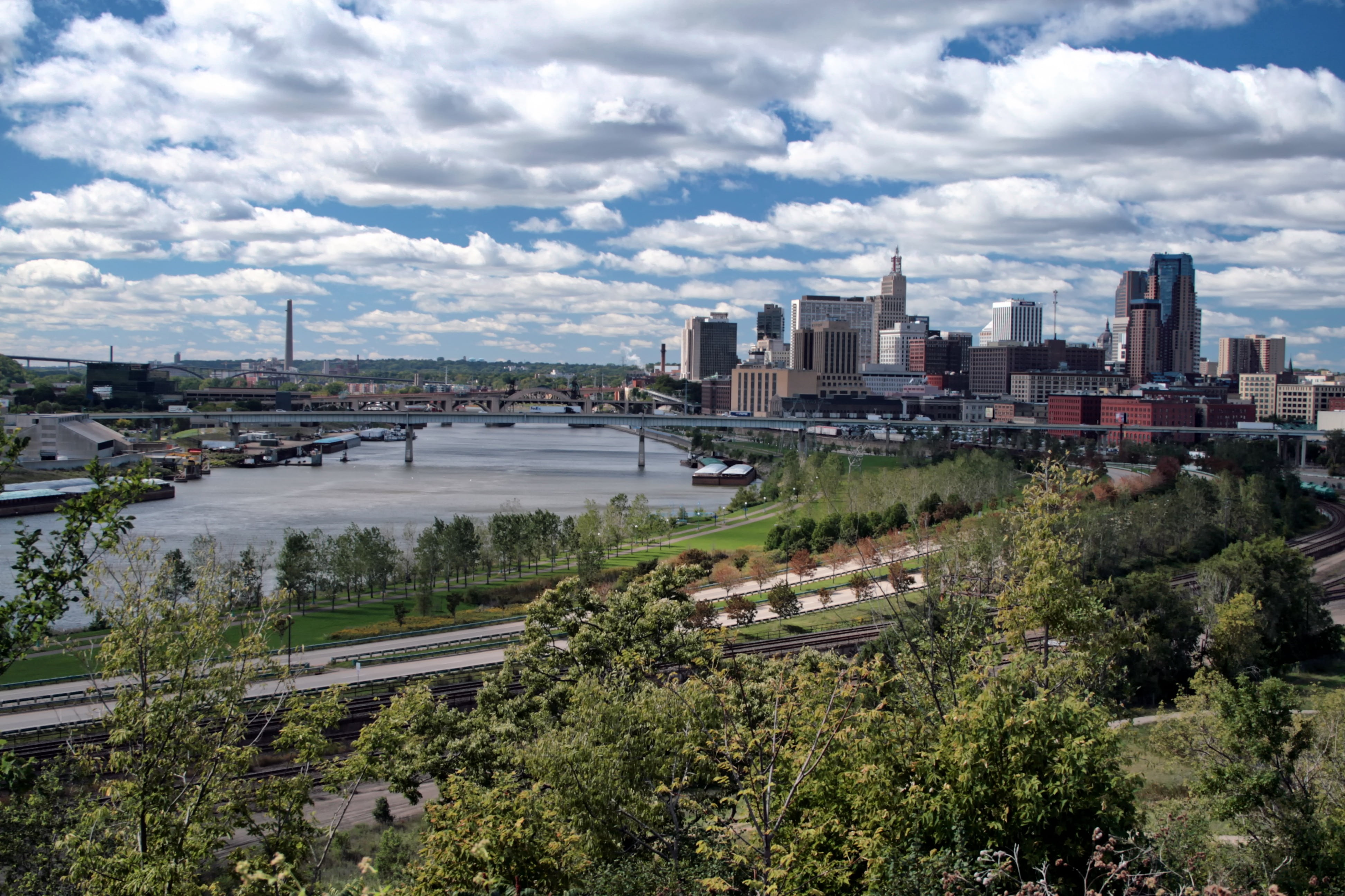 river, built structure, minnesota, nature, tree, urban, summer, mississippi river, aerial, water, high angle view, cloud - sky, cityscape, architecture, HD Wallpaper