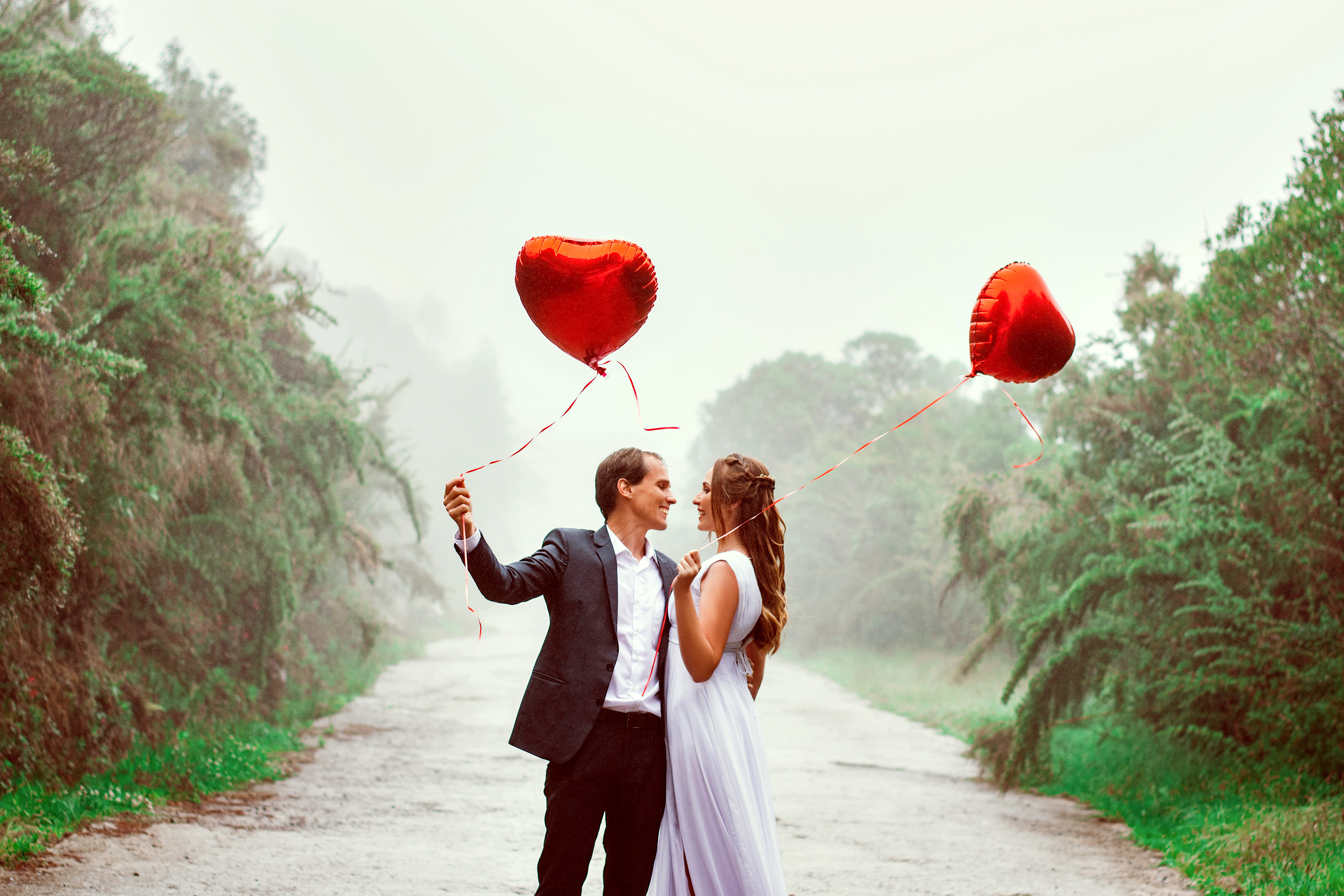 in love, emotion, balloon, young couple, plant, red, togetherness, man, love, park, wedding, heart shape, holding, couple, #prewedding, wear, men, balloons, HD Wallpaper