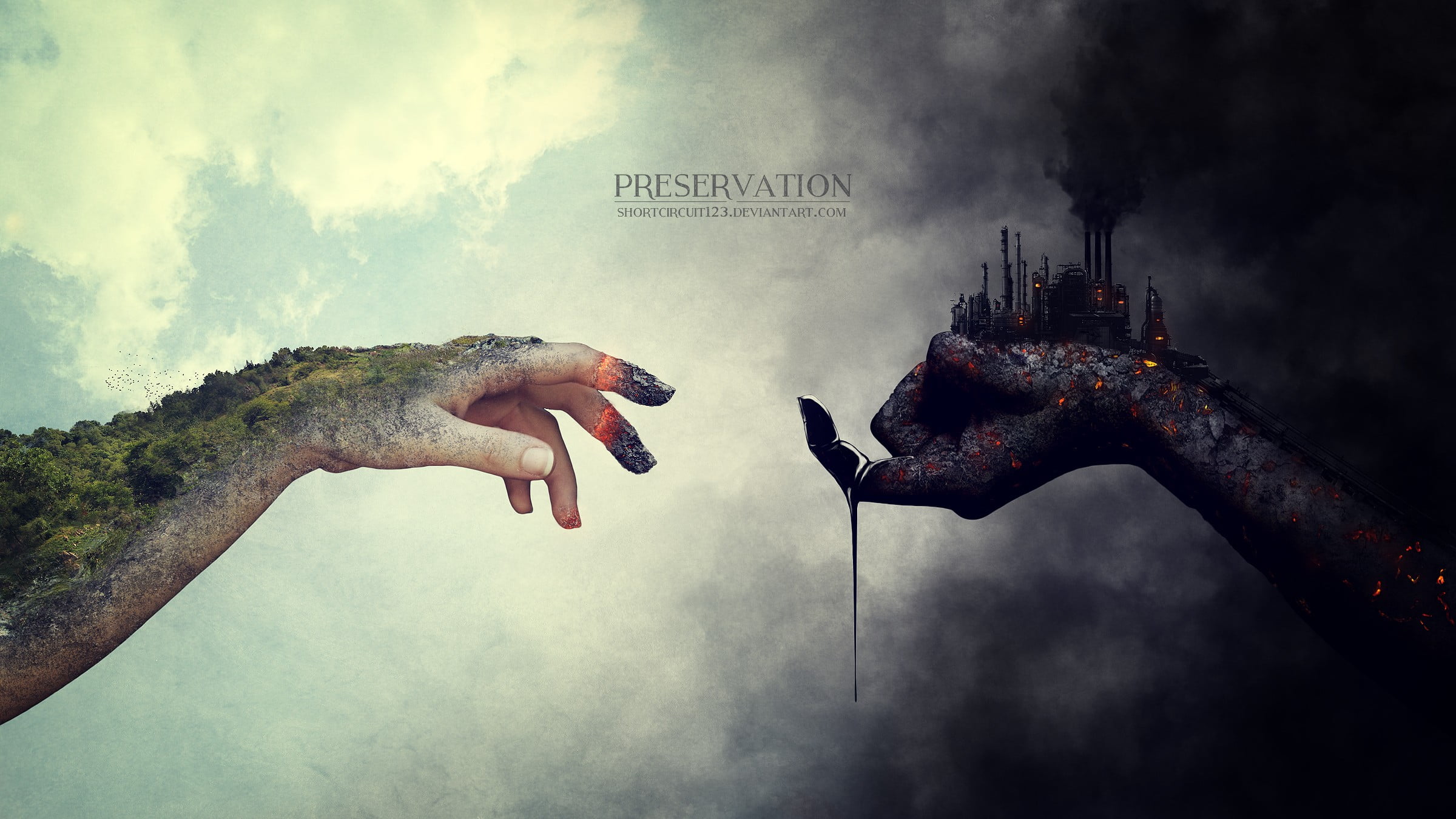 preservation, sky, fantasy art, nature, digital, finger, one person, digital composite, 1080P, hand, communication, focus on foreground, outdoors, HD Wallpaper
