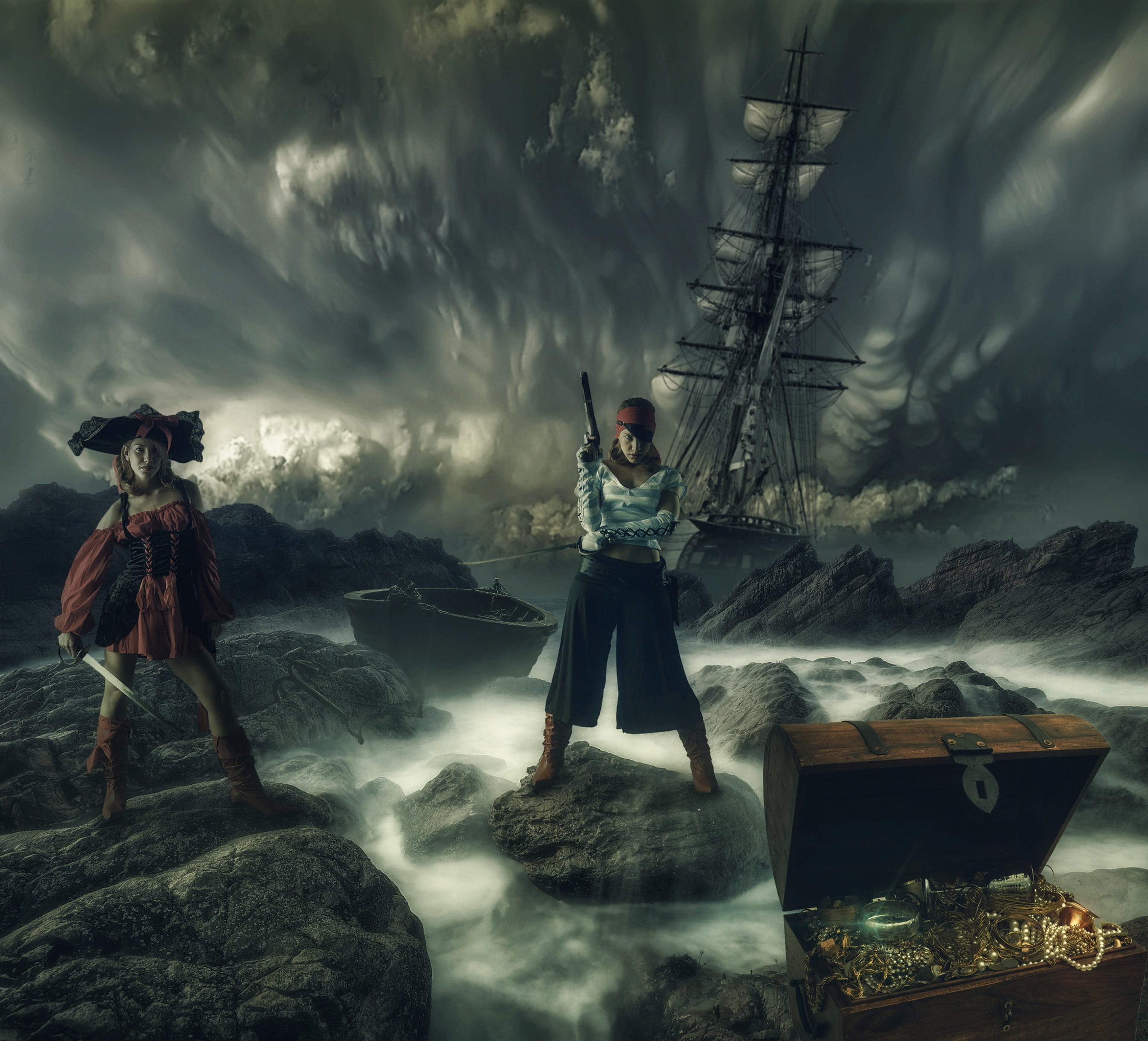 girl, nature, people, sky, adult, treasures, cloud - sky, full length, 2K, digital composite, fear, sea, day, storm, outdoors, mountain, tree, island, HD Wallpaper