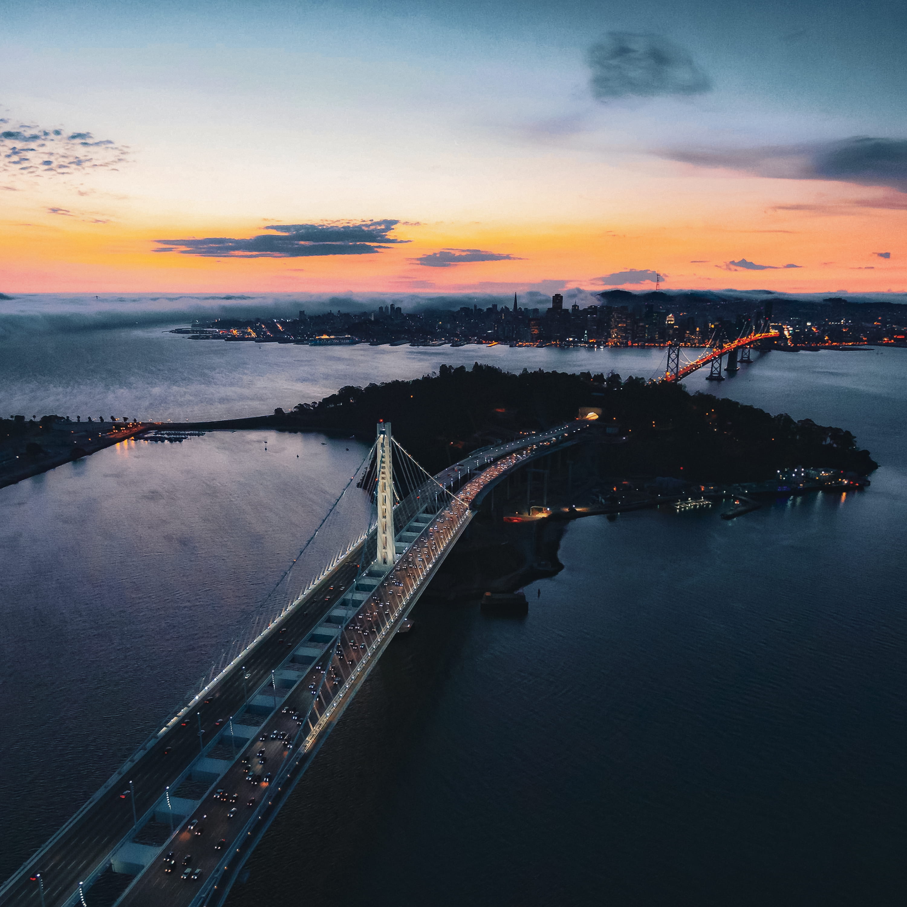 sky, road, horizon, drone view, architecture, dark, treasure island, famous Place, fog, traffic, transportation, river, s, bay, travel, bay bridge, san francisco, Phone HD Wallpaper