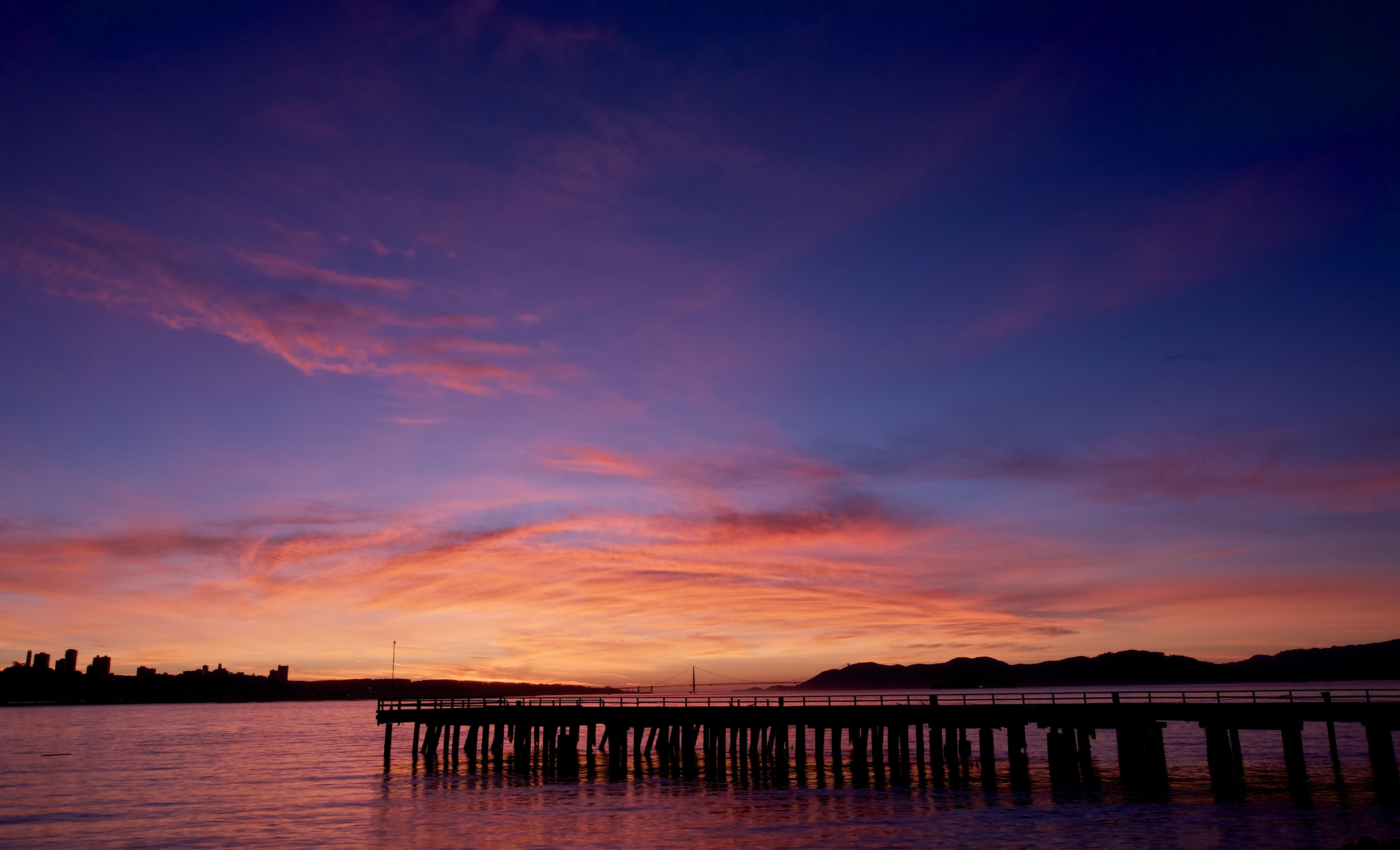 golden gate bridge, nature, sky, waterfront, skylight, architecture, clouds, orange color, silhouette, tranquil scene, sea, reflection, no people, pier, HD Wallpaper