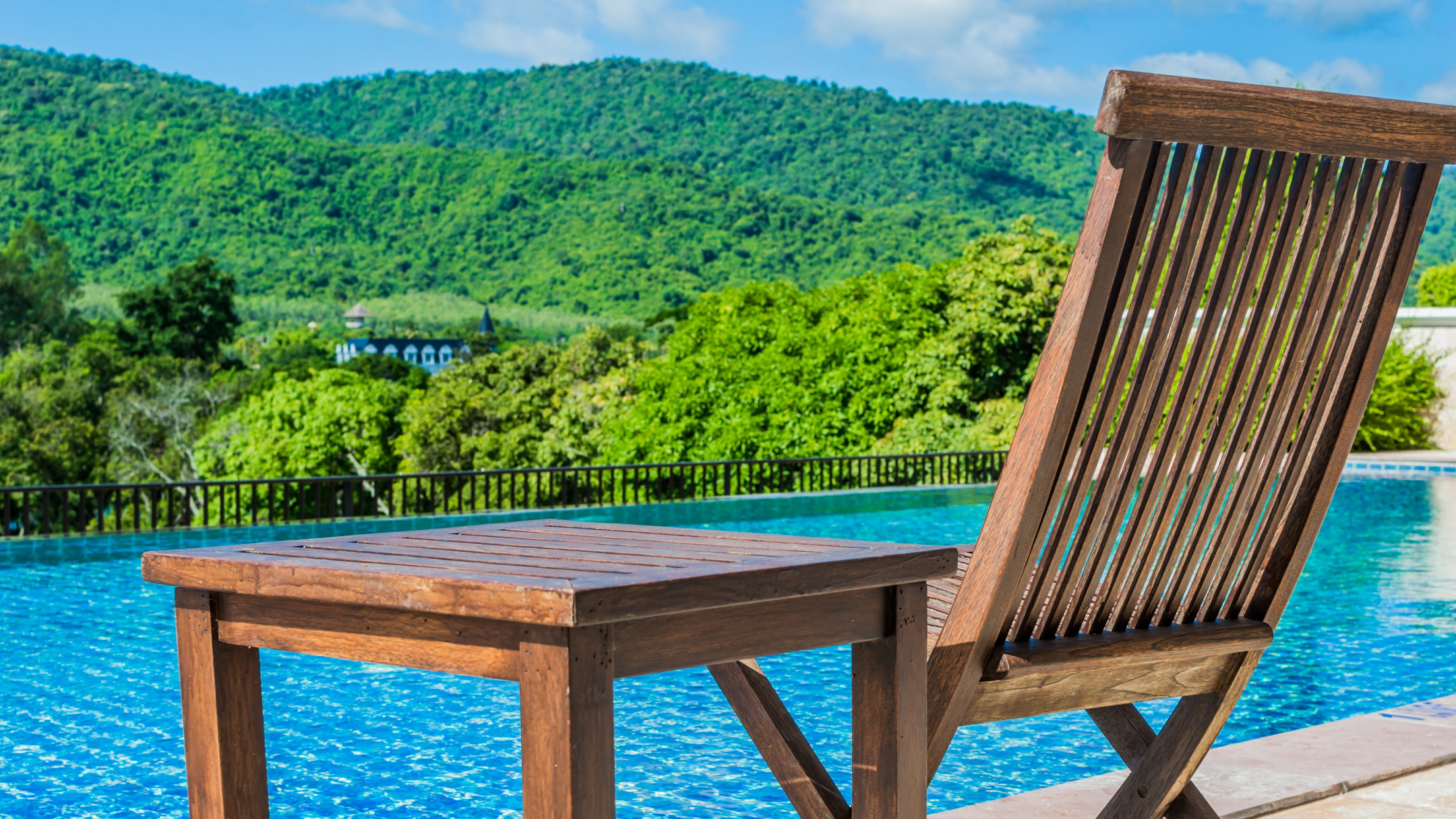 swimming pool, seat, tree, outdoor furniture, vacation, 4K, sunlounger, furniture, resort, water, relaxing, leisure, real estate, chair, estate, table, HD Wallpaper