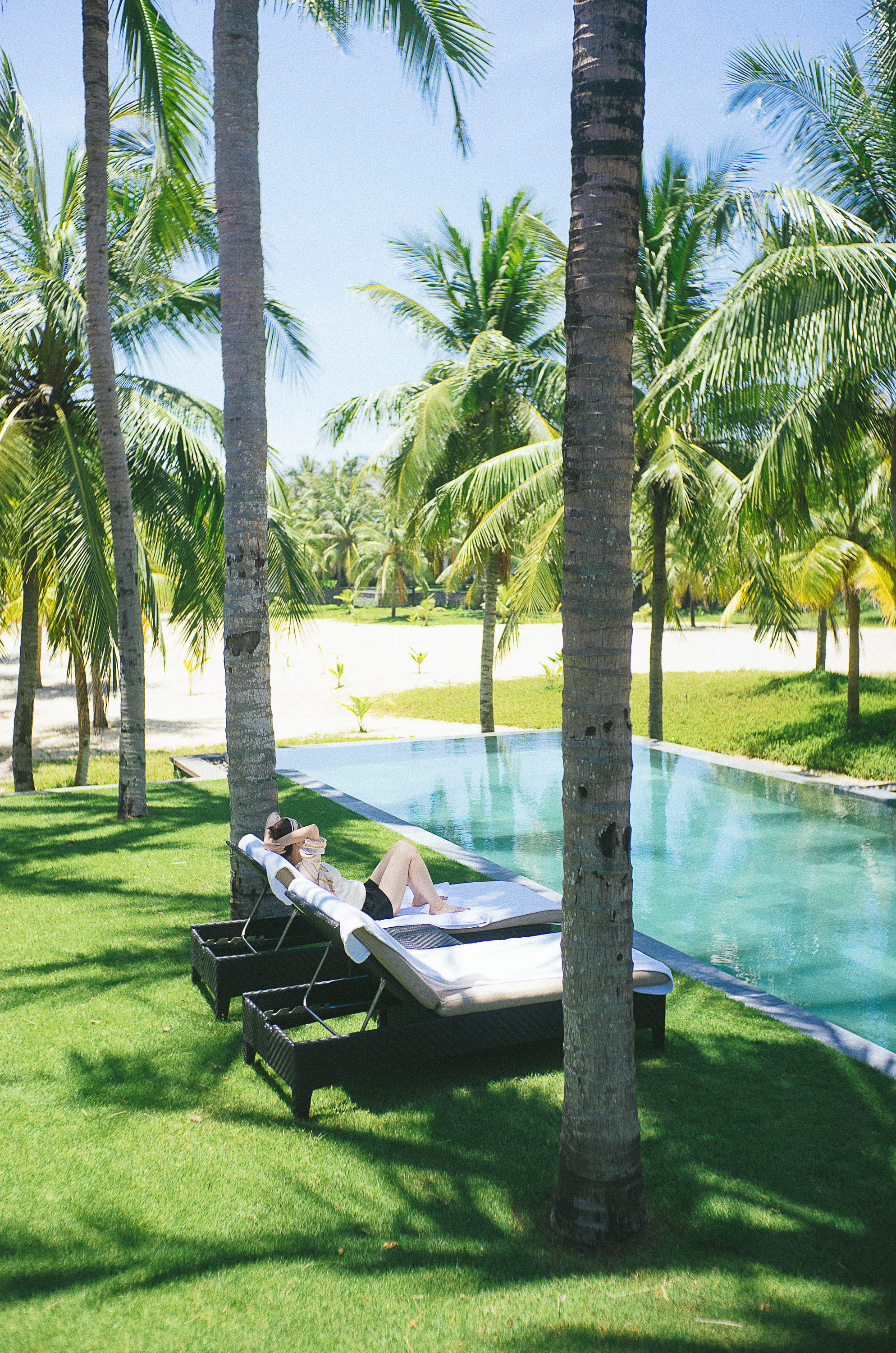 poolside, tropical, yard, tropical climate, woman, vacation, outdoors, palm tree, plant, lounge chair, trunk, person, sunlight, vietnam, water, backyard, Phone HD Wallpaper