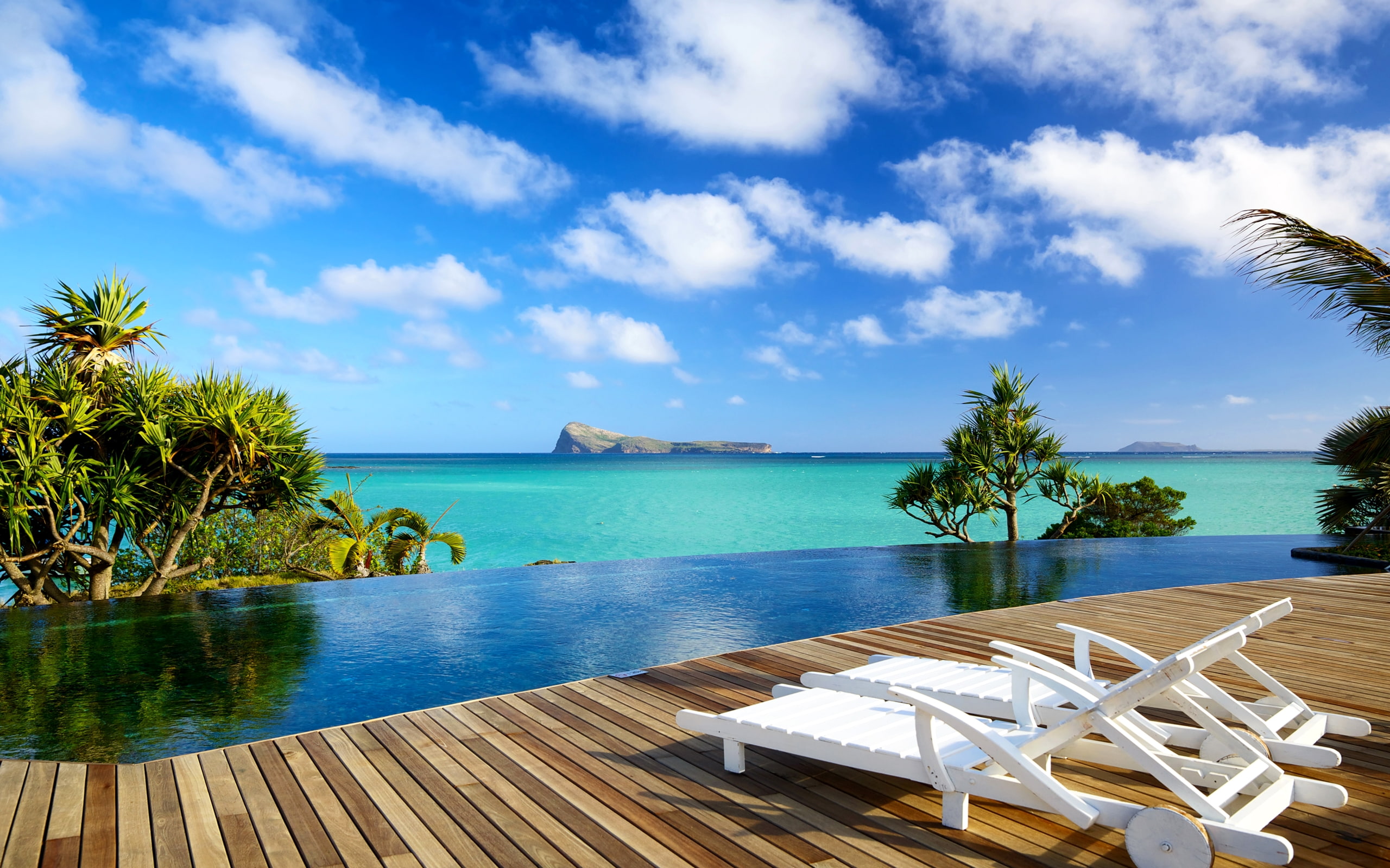 sky, sea, tropics, 2K, nature, scenery, sunlounger, HD Wallpaper
