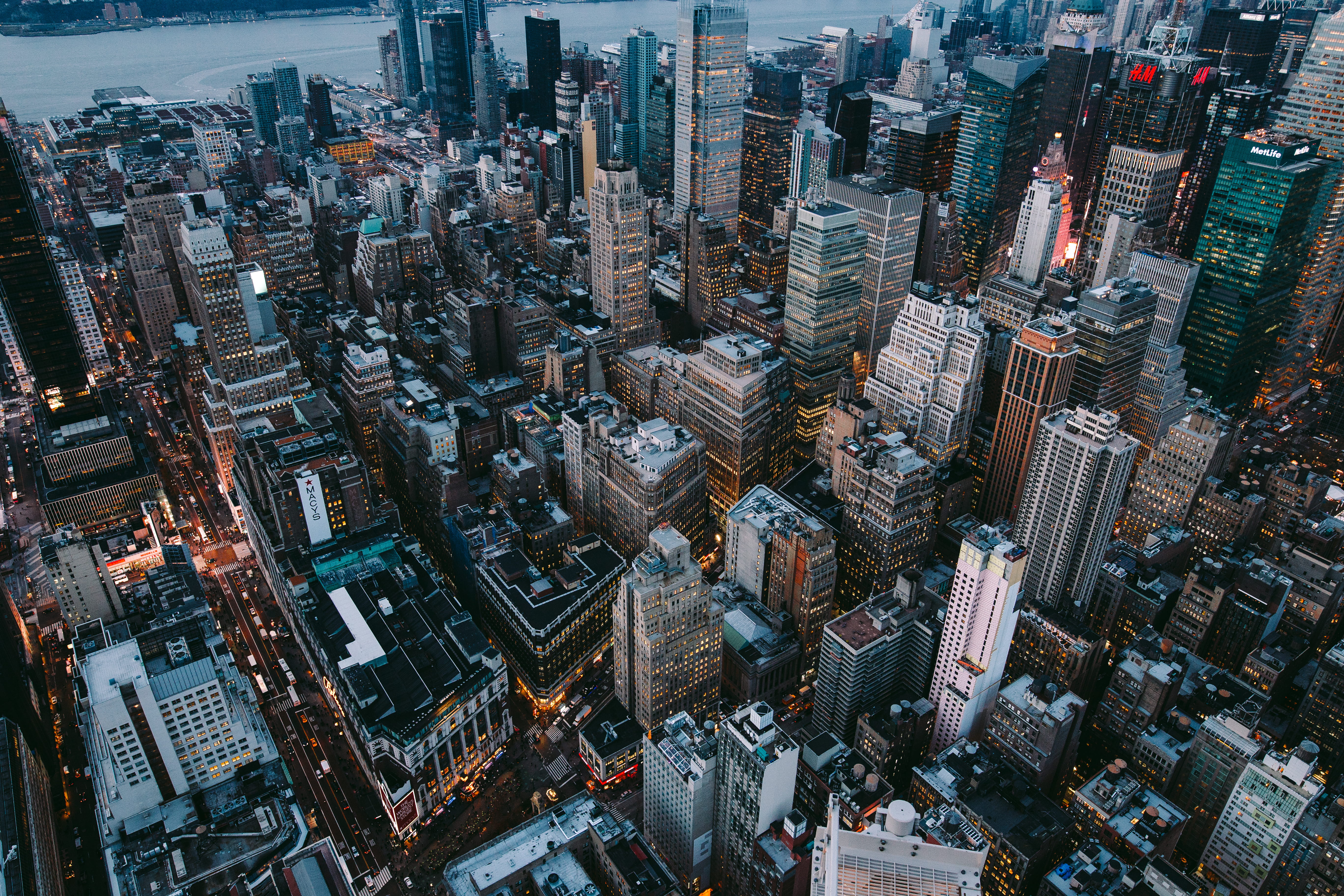 dusk, aerial, photography, architecture, city view, aerial view, urban skyline, apartment, building, modern, manhatten, street, building exterior, susnet, HD Wallpaper