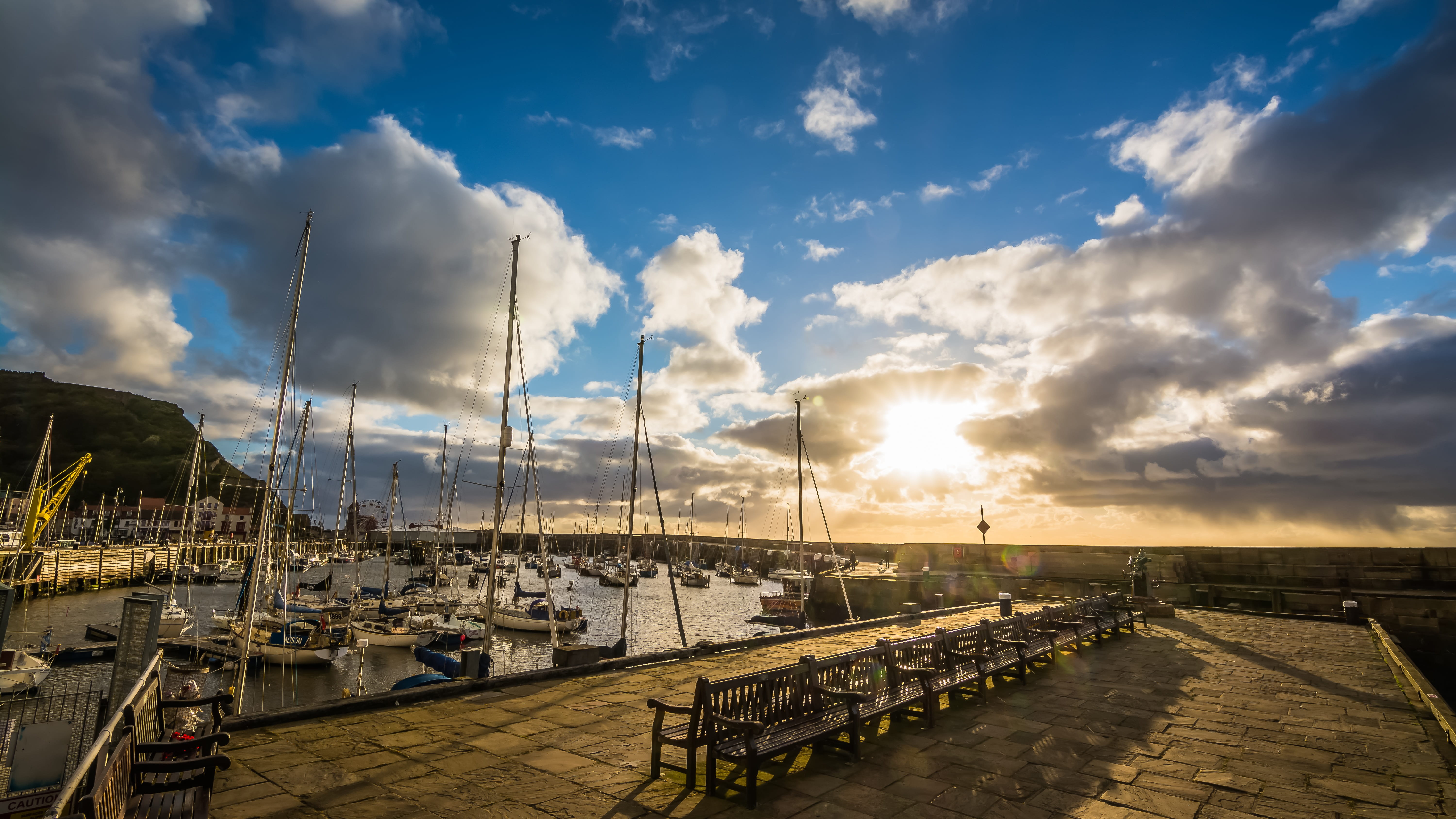 sunlight, sea, Rain, Pier, nautical vessel, sunny, harbor, dock, marina, water, scarborough, sun, Shower, outdoor, sunbeam, bright, day, Sunrise, yachts, HD Wallpaper