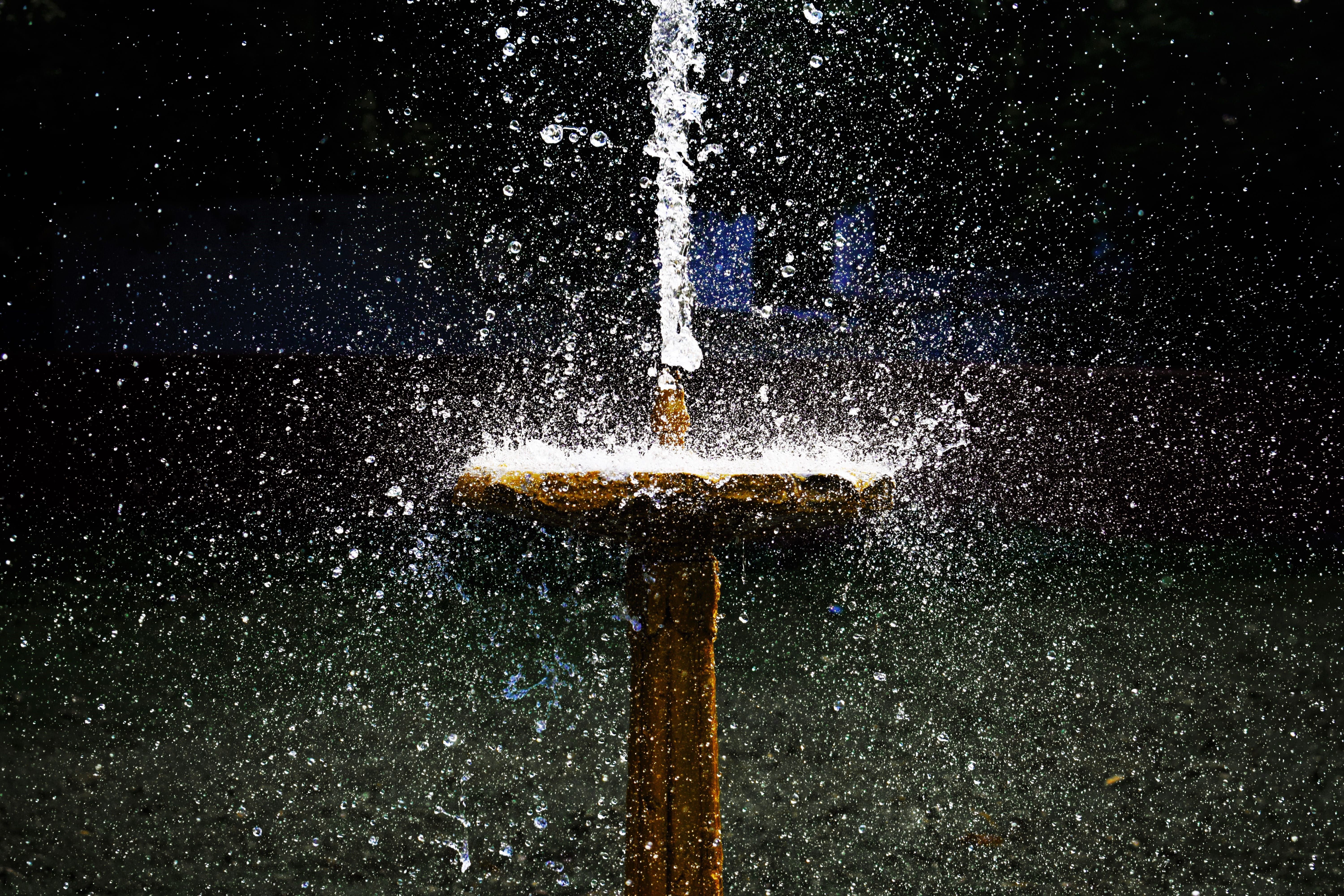 falling, rain, shower, drop, rainy season, 5K, blurred motion, no people, illuminated, close-up, spraying, flowing water, motion, fountain, nature, falling water, HD Wallpaper
