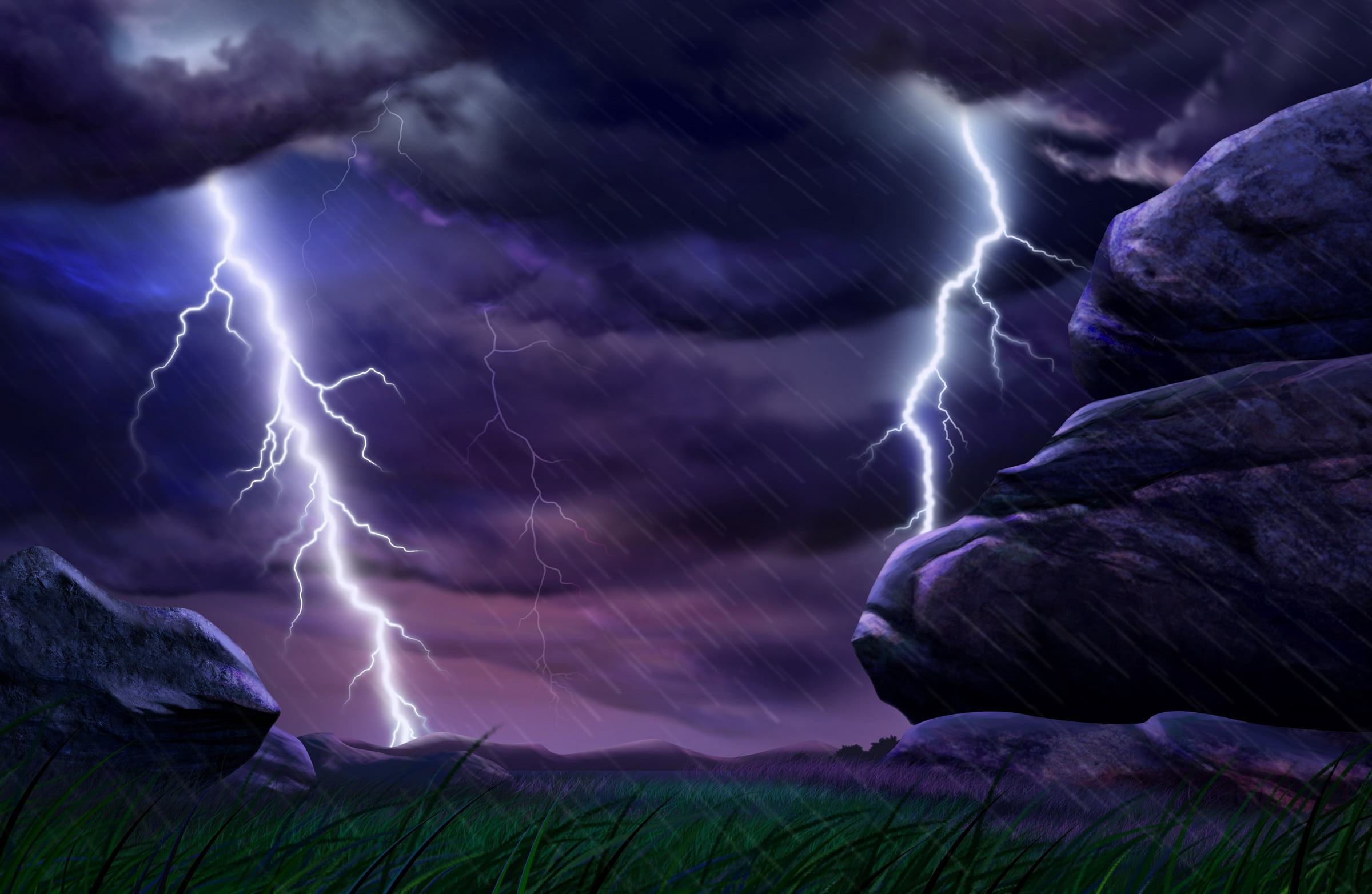 storm, stream, land, motion, lightning, long Exposure, cloud - sky, scenics, illustration, beauty In Nature, no People, blue, waterfall, mountain, sky, HD Wallpaper