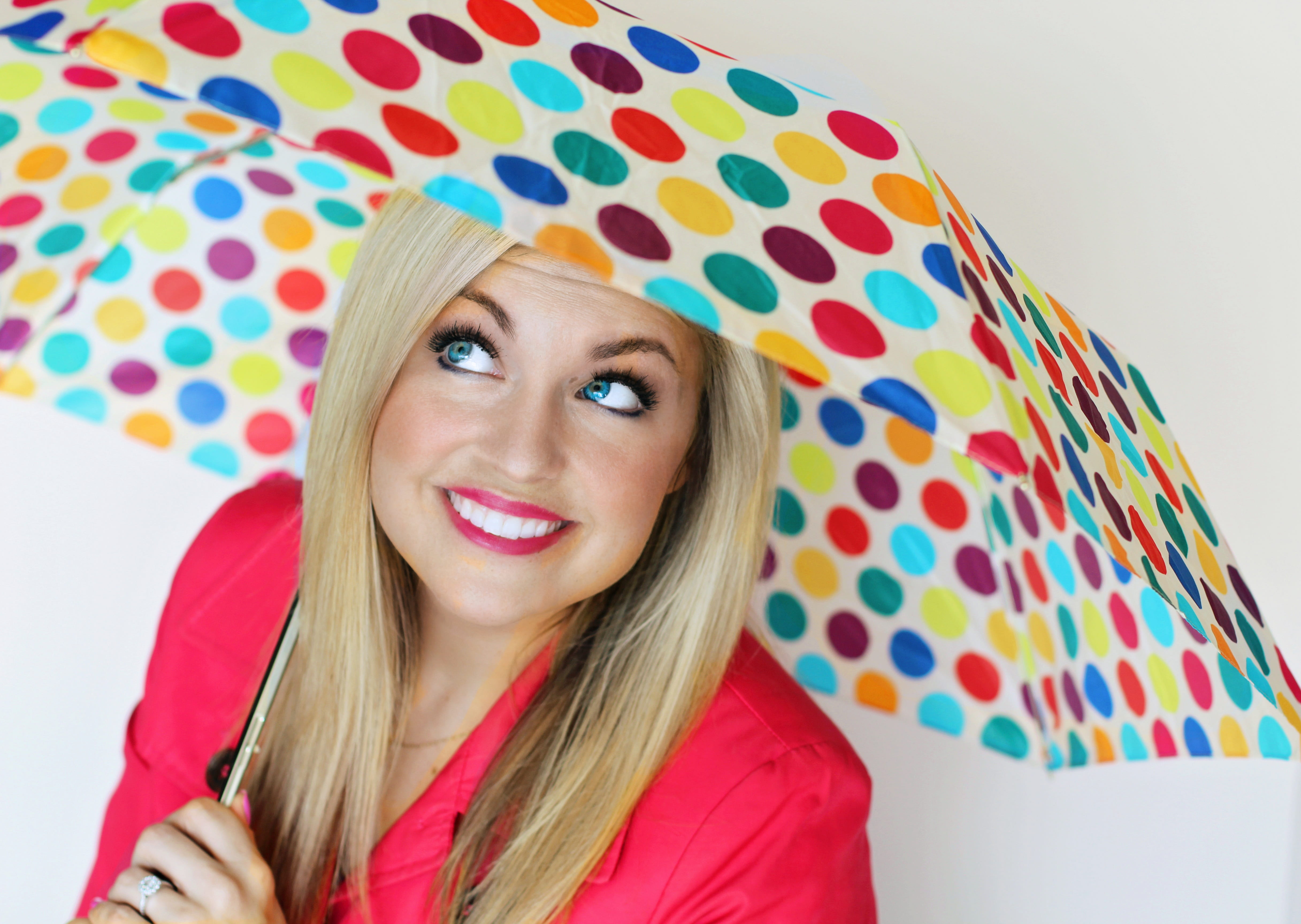 funny, pretty eyes, laugh, young adult, flirting, long hair, indoors, emotion, young, joyful, rain, umbrella, polka dot, blond hair, shower, adult, fun, HD Wallpaper