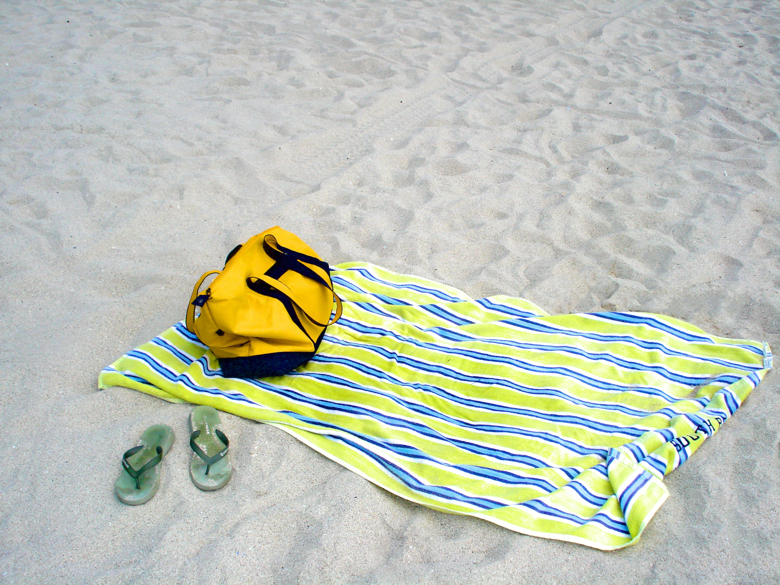 striped, still life, trip, shoe, outdoors, holiday, Yellow, Flip Flops, travel, casual, high angle view, towel, relaxing, sandal, nature, sand, 2K, leisure, HD Wallpaper