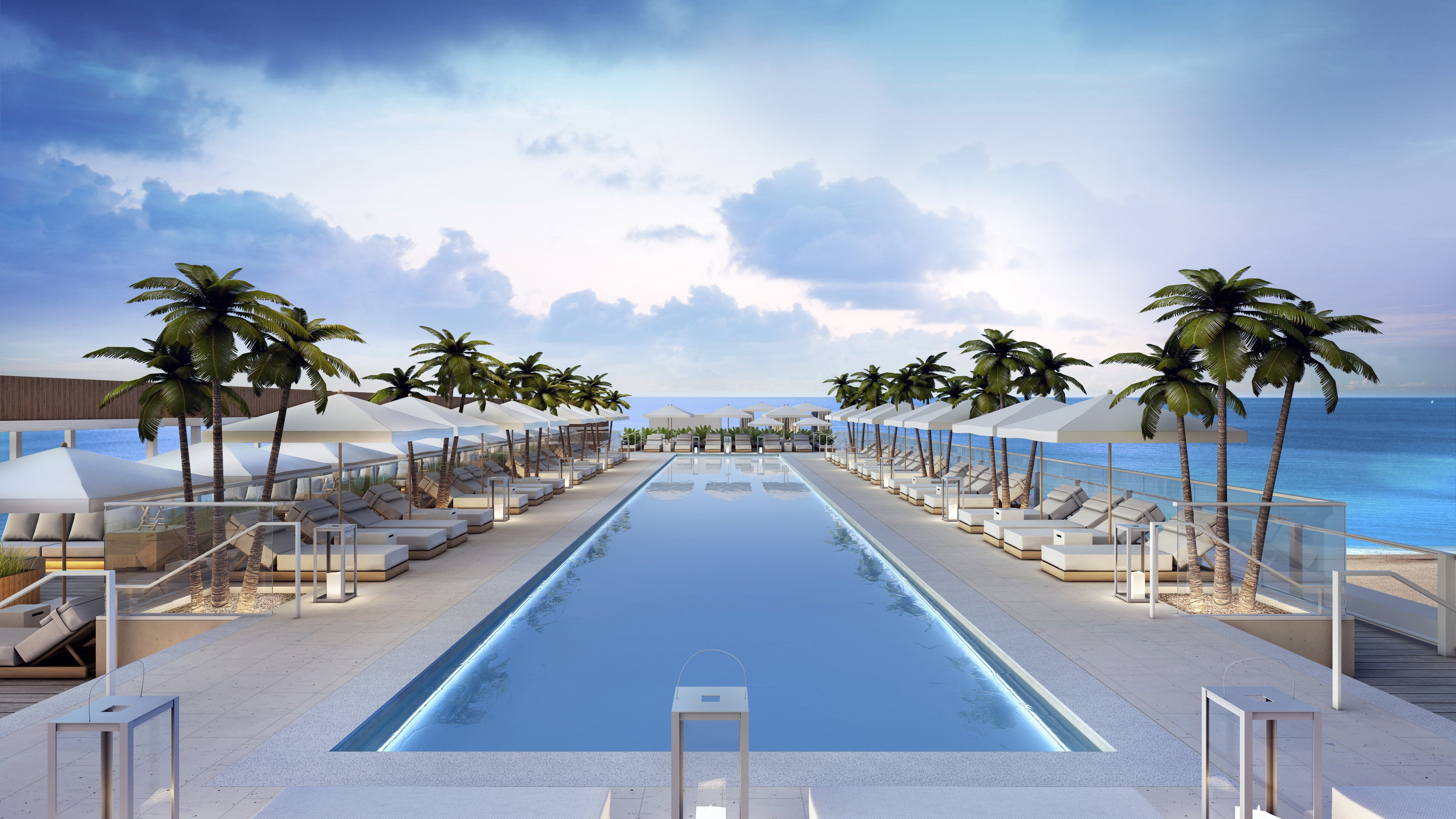 south beach, booking, resort, 5K, blue, ocean, sea, hotel, Miami, vacation, sky, cloudy, palm, travel, swimming, clear, pool, water, sunbed, HD Wallpaper