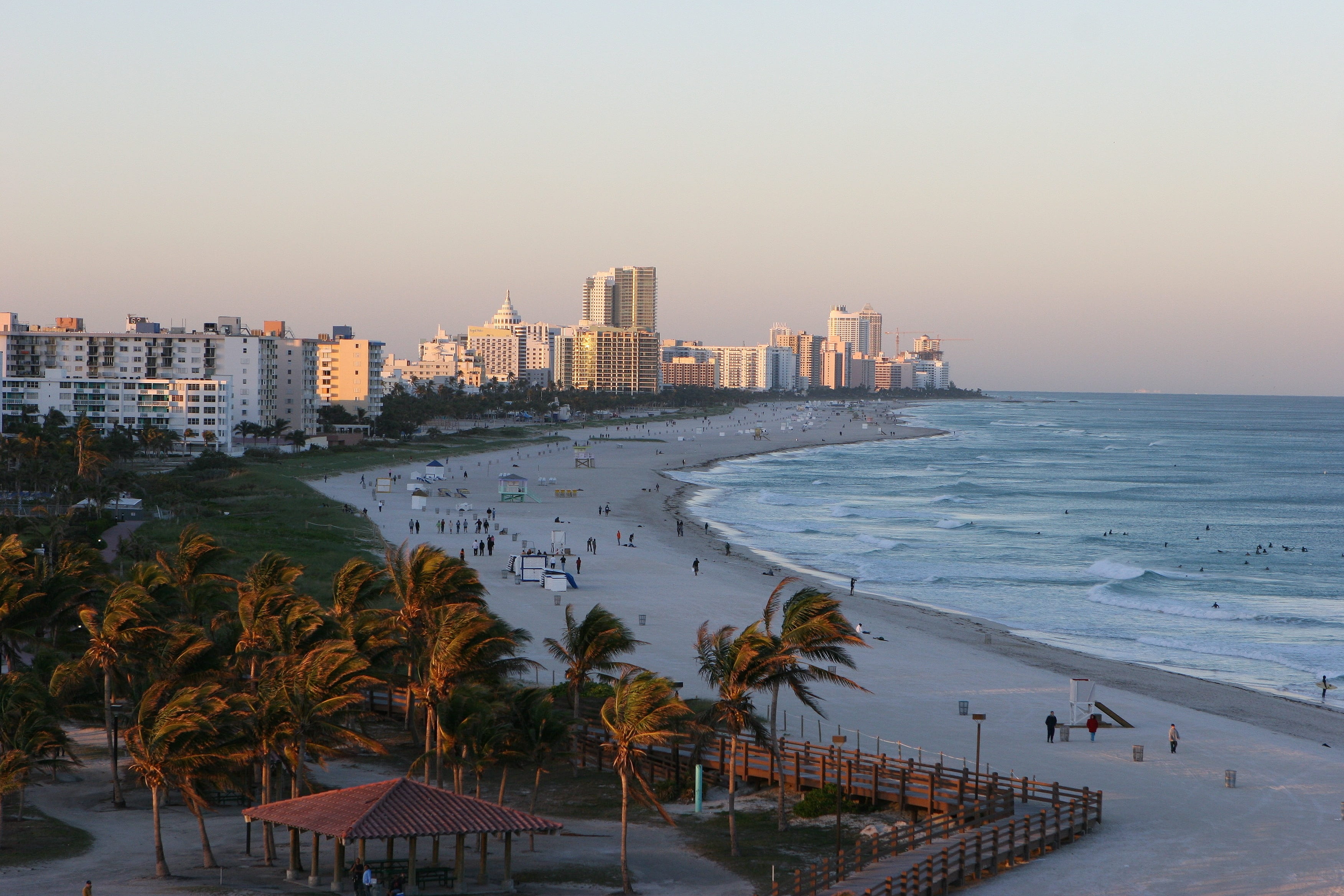 travel, sea, city, miami, land, swimming, building, cityscape, 2K, outdoors, urban skyline, people, beach, tree, architecture, skyscraper, built structure, HD Wallpaper