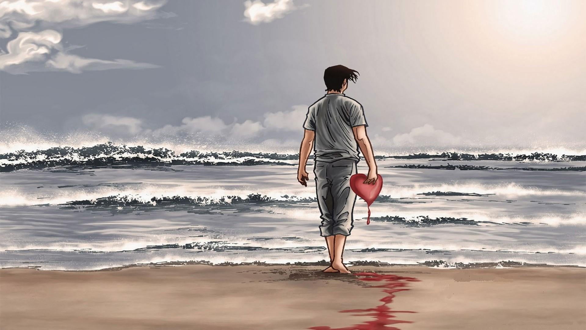 scenics - nature, land, 1080P, blood, outdoors, heart, waves, horizon over water, one person, man, looking at view, boy, love, sky, cloud - sky, sea, heart break, HD Wallpaper