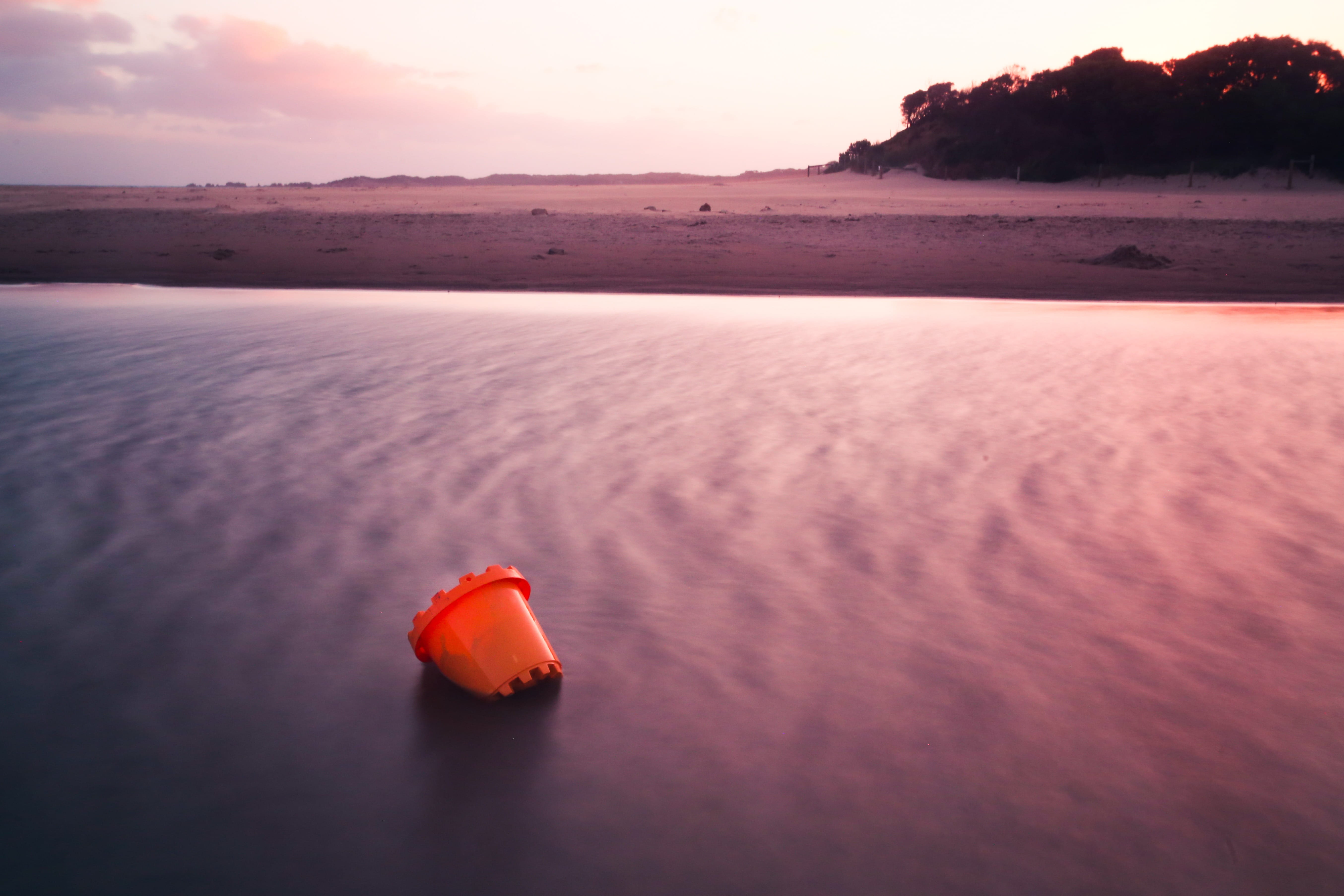landscape, bucket, plastic, nautical vessel, play, land, 5K, river, orange color, body, cloud - sky, no people, outdoors, sea, scenics, floating on water, HD Wallpaper