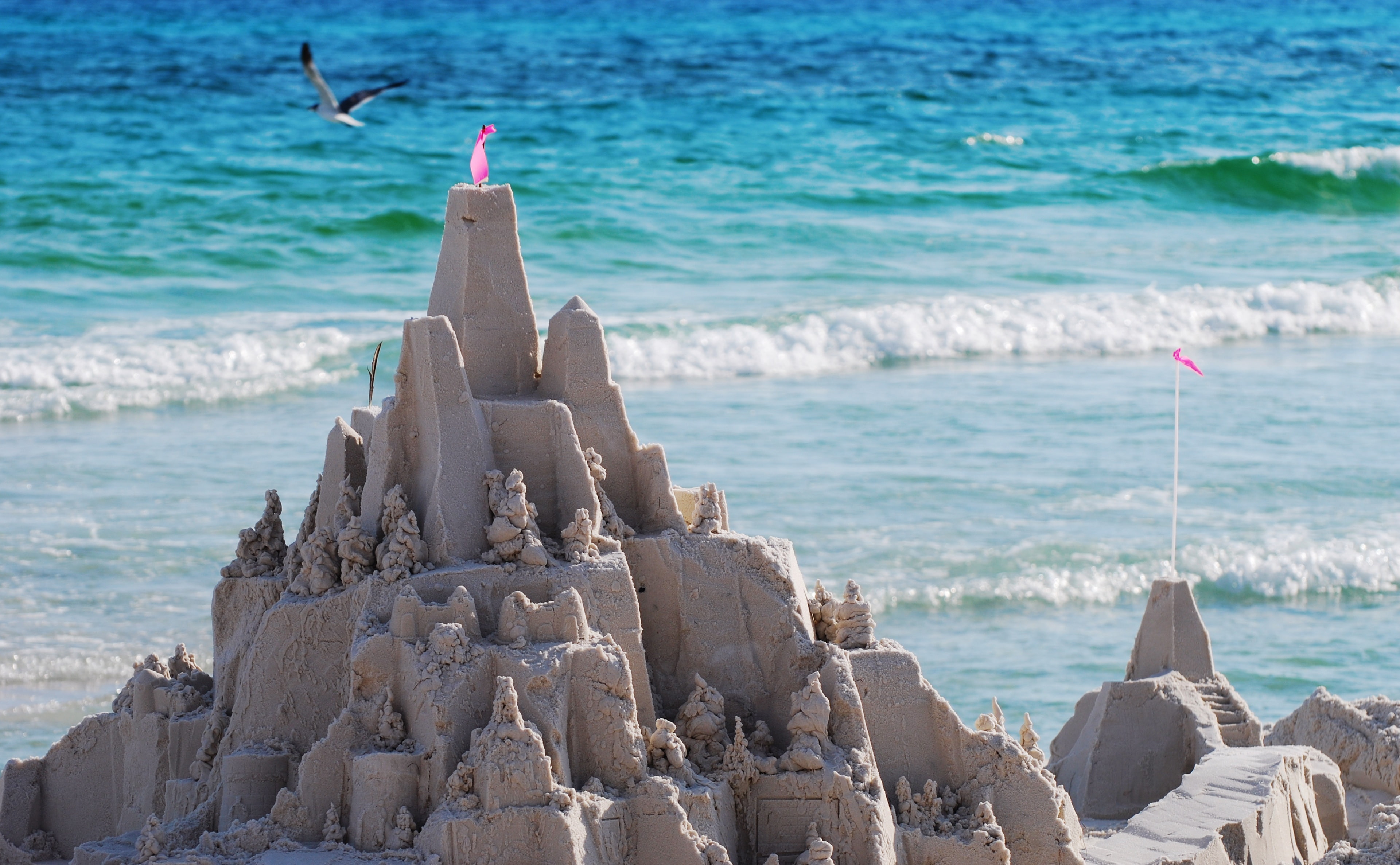 sea, water, art and craft, outdoors, flag, wave, Sandcastle, Nature, creativity, land, Seagrove, Florida, day, focus on foreground, motion, white, rock - object, HD Wallpaper