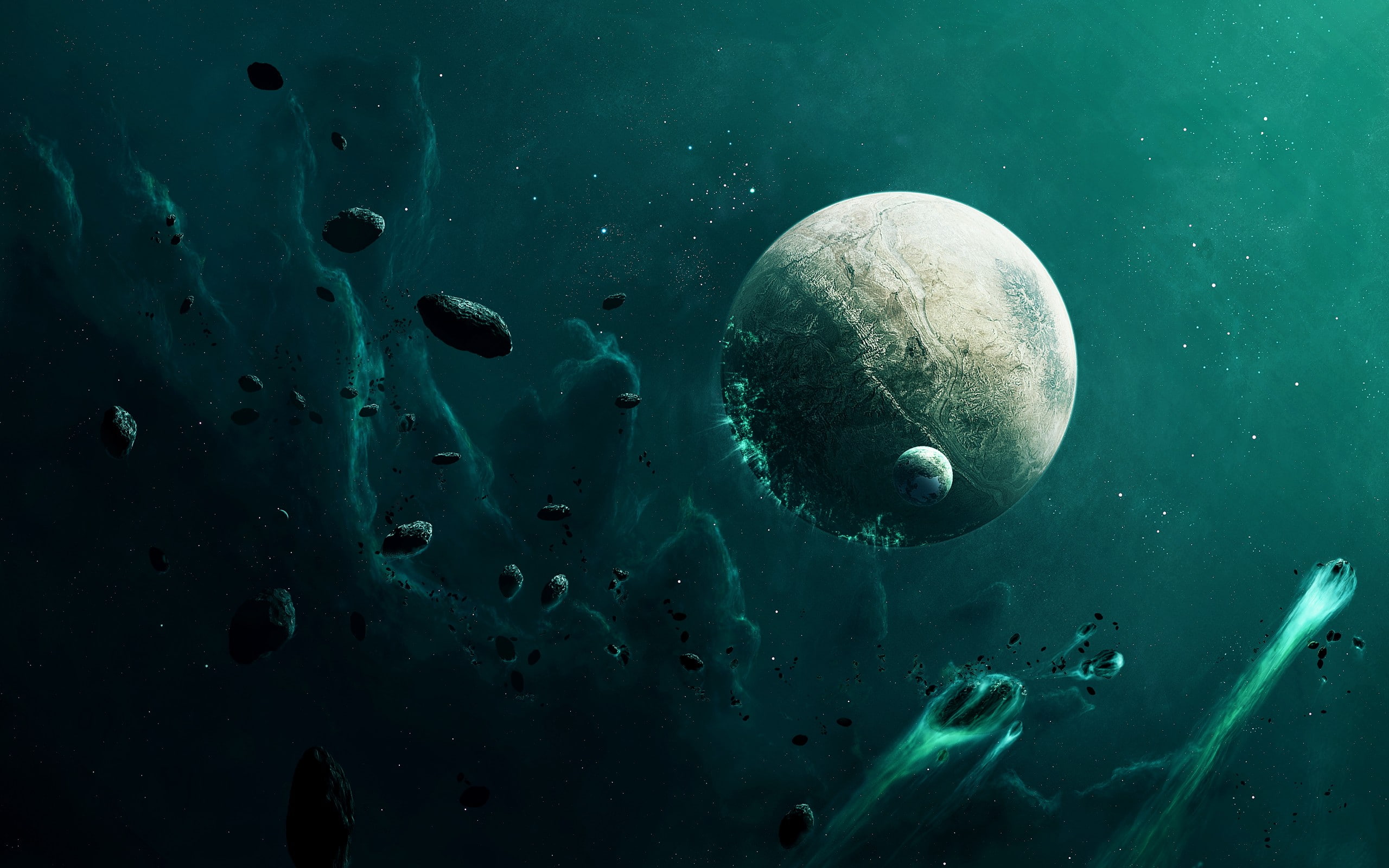 asteroids, green, planets, 2K, debris, space, hd, HD Wallpaper
