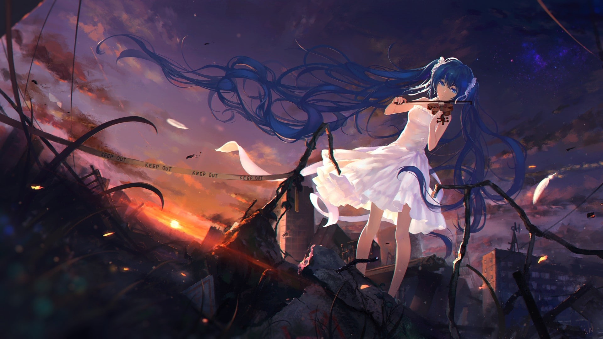sunset, clouds, 1080P, twintails, violin, Hatsune Miku, long hair, feathers, anime girls, anime, white dress, wind, Vocaloid, stars, debris, herb, HD Wallpaper