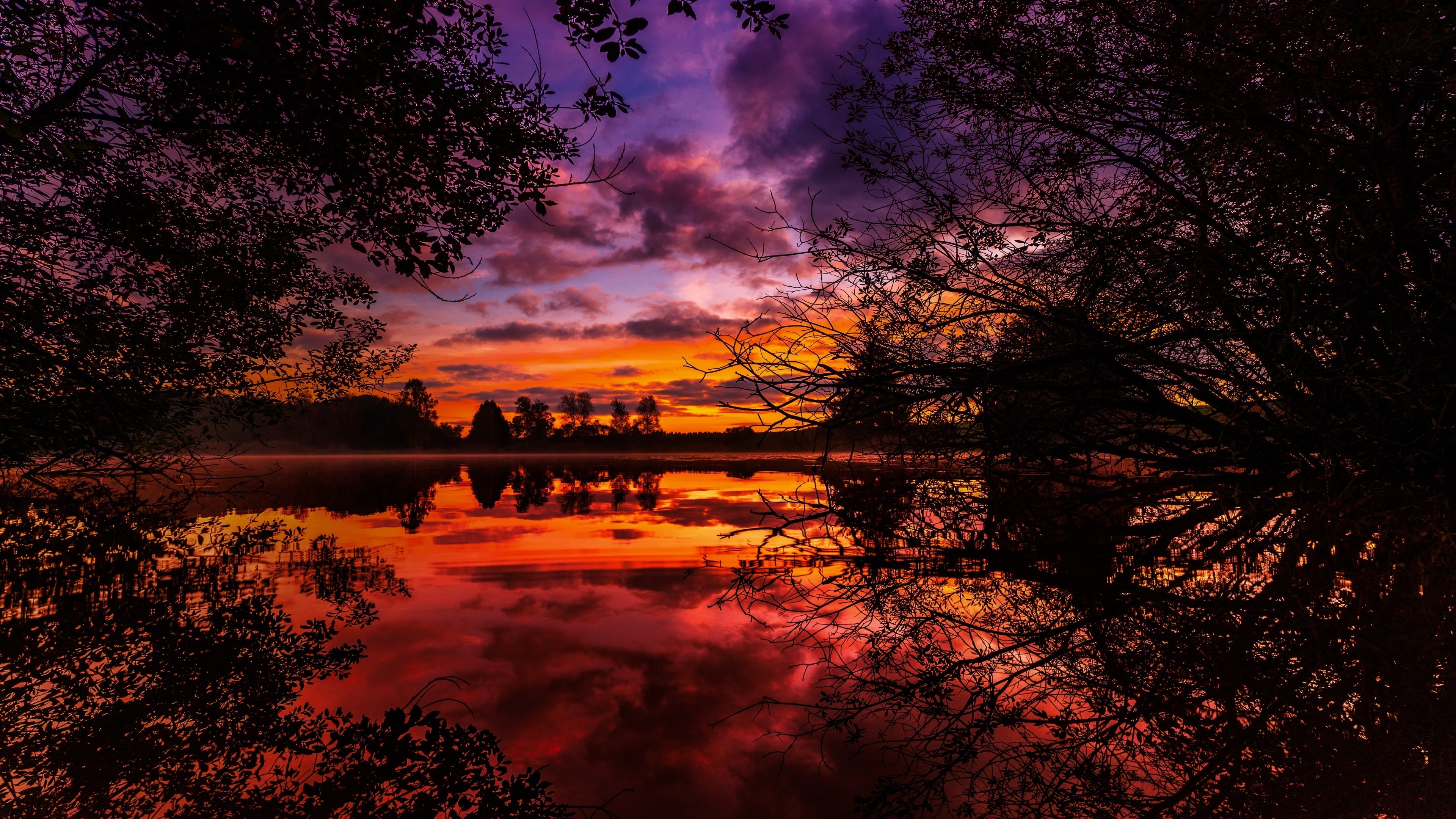 sunset, reflection, orange sky, lake, evening, scenic, 4K, dusk, HD Wallpaper