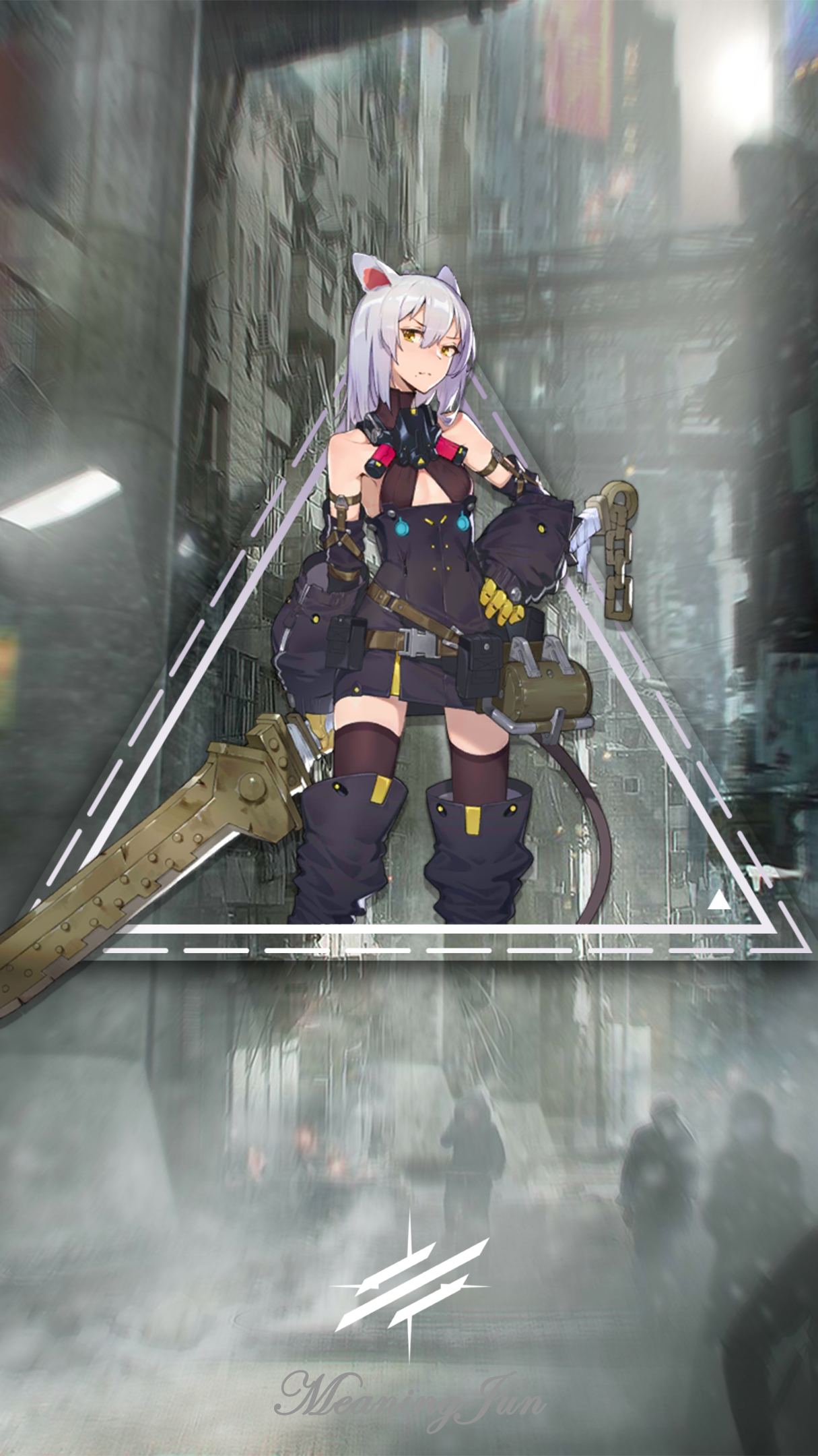 digital art, cat ears, picture-in-picture, city, Scavenger(Arknights), thigh-highs, anime girls, street, anime, warrior girls, futuristic city, 1080P, Phone HD Wallpaper