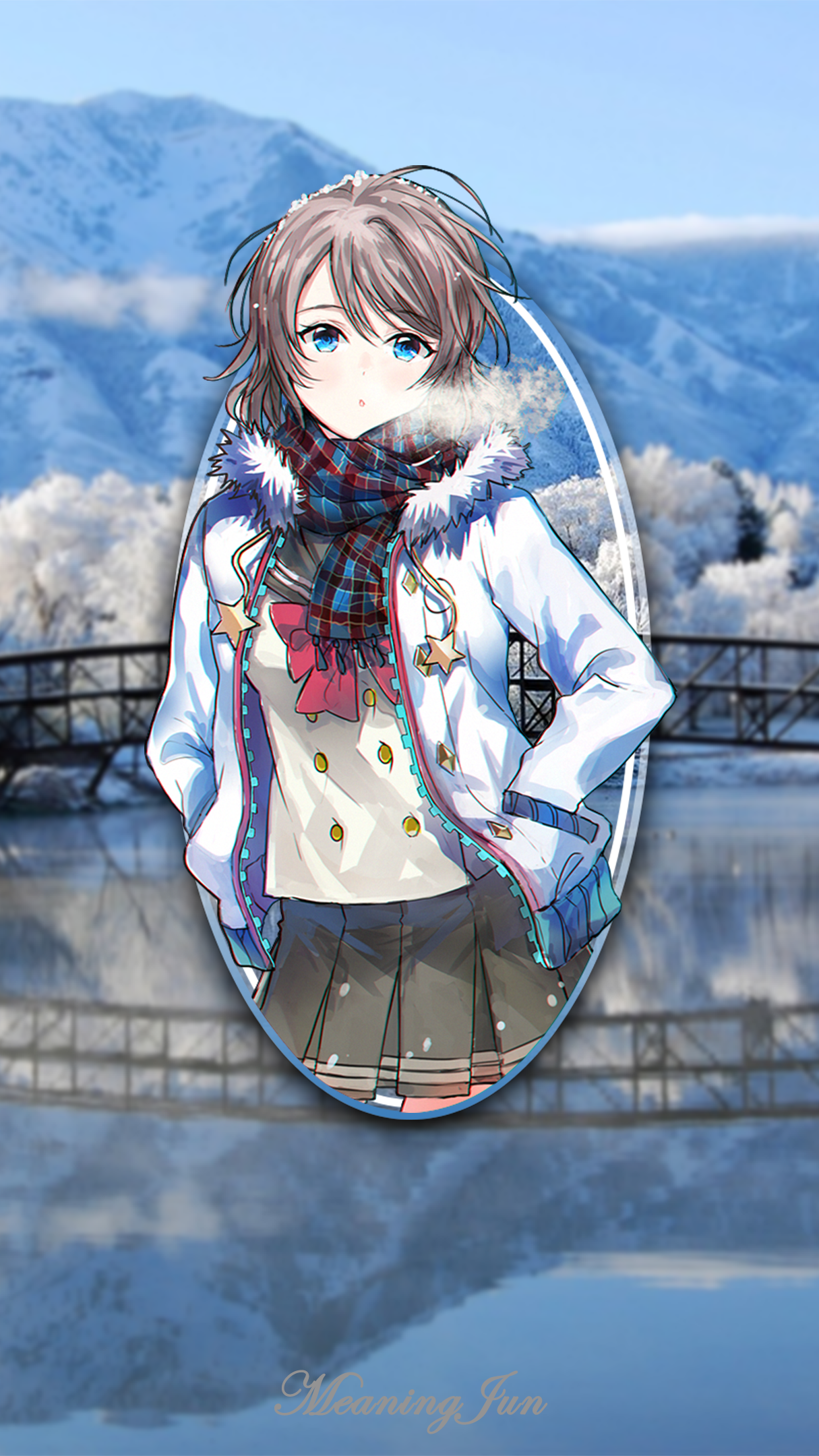 anime girls, river, bridge, picture-in-picture, Love Live!, Love Live! Sunshine, winter, Watanabe You, reflection, MeaningJun, anime, 1080P, 2D, mountains, Phone HD Wallpaper