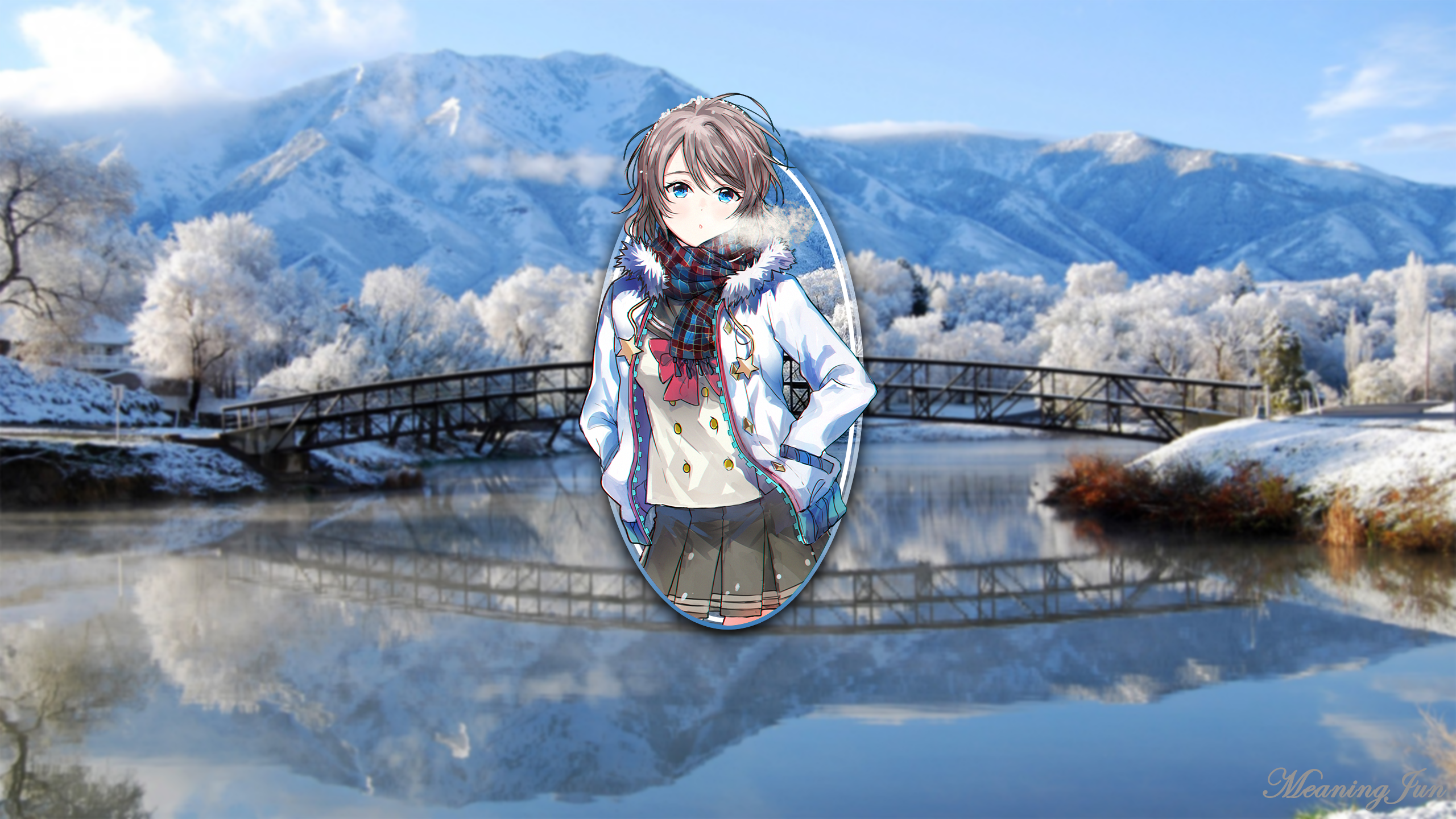 anime girls, reflection, Love Live!, bridge, Love Live! Sunshine, MeaningJun, anime, mountains, river, 2D, winter, 2K, Watanabe You, picture-in-picture, HD Wallpaper