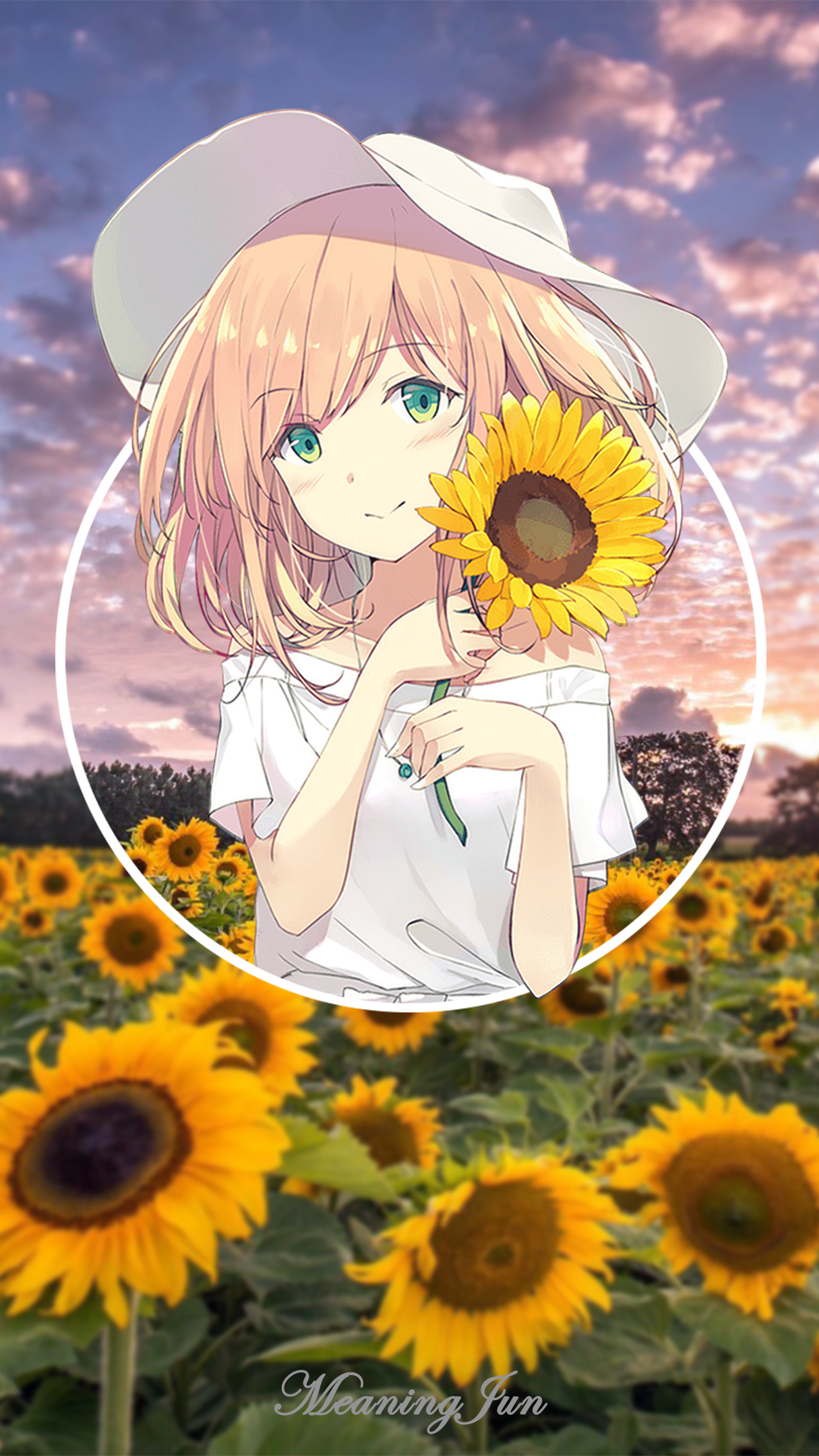 anime, MeaningJun, picture-in-picture, 1080P, 2D, anime girls, sunflowers, sunset, Phone HD Wallpaper