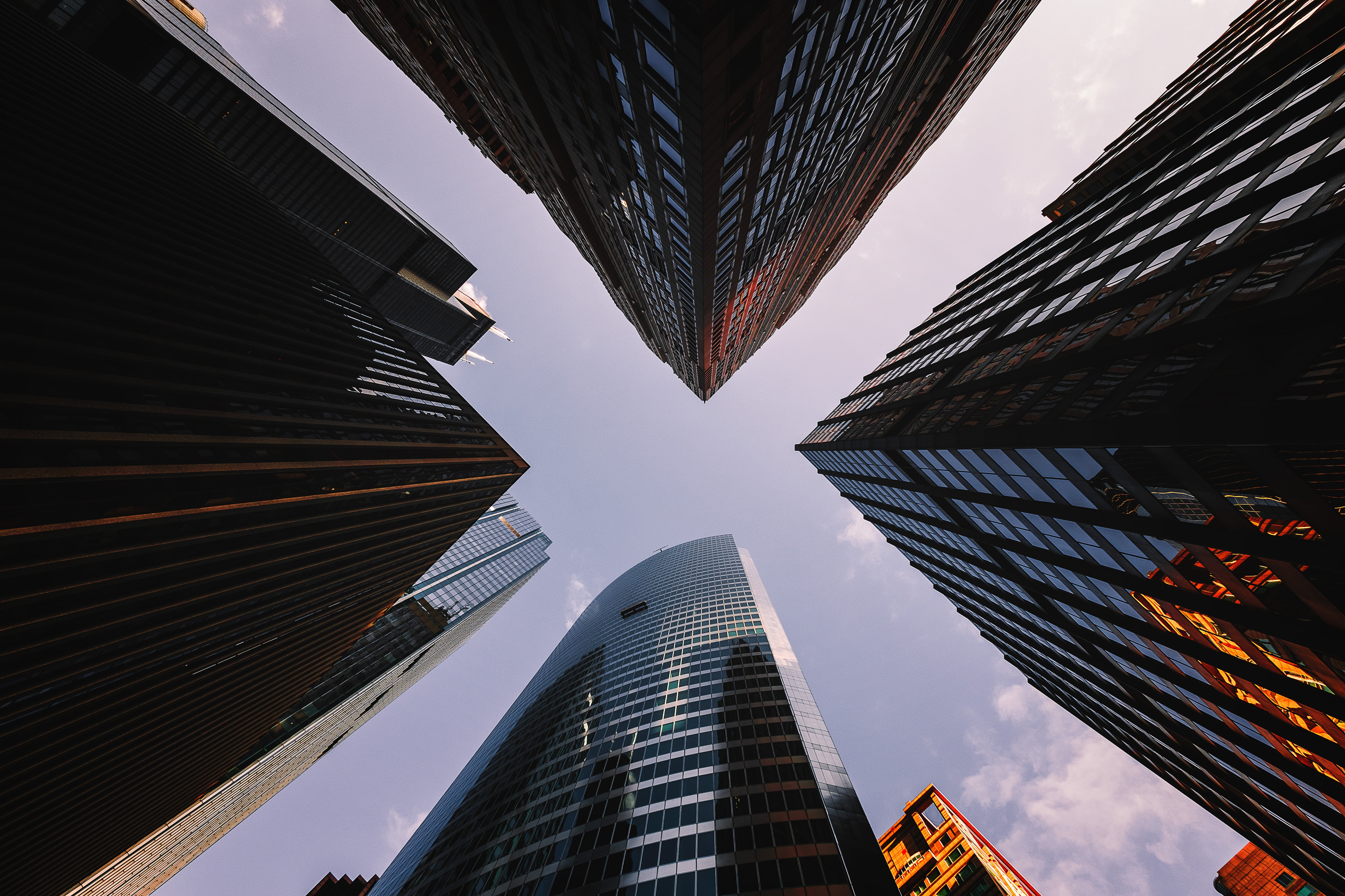 four, tall - High, finance, city Life, steel, reflection, sky, view from below, office, architecture, famous Place, buildings, black, futuristic, rise, HD Wallpaper