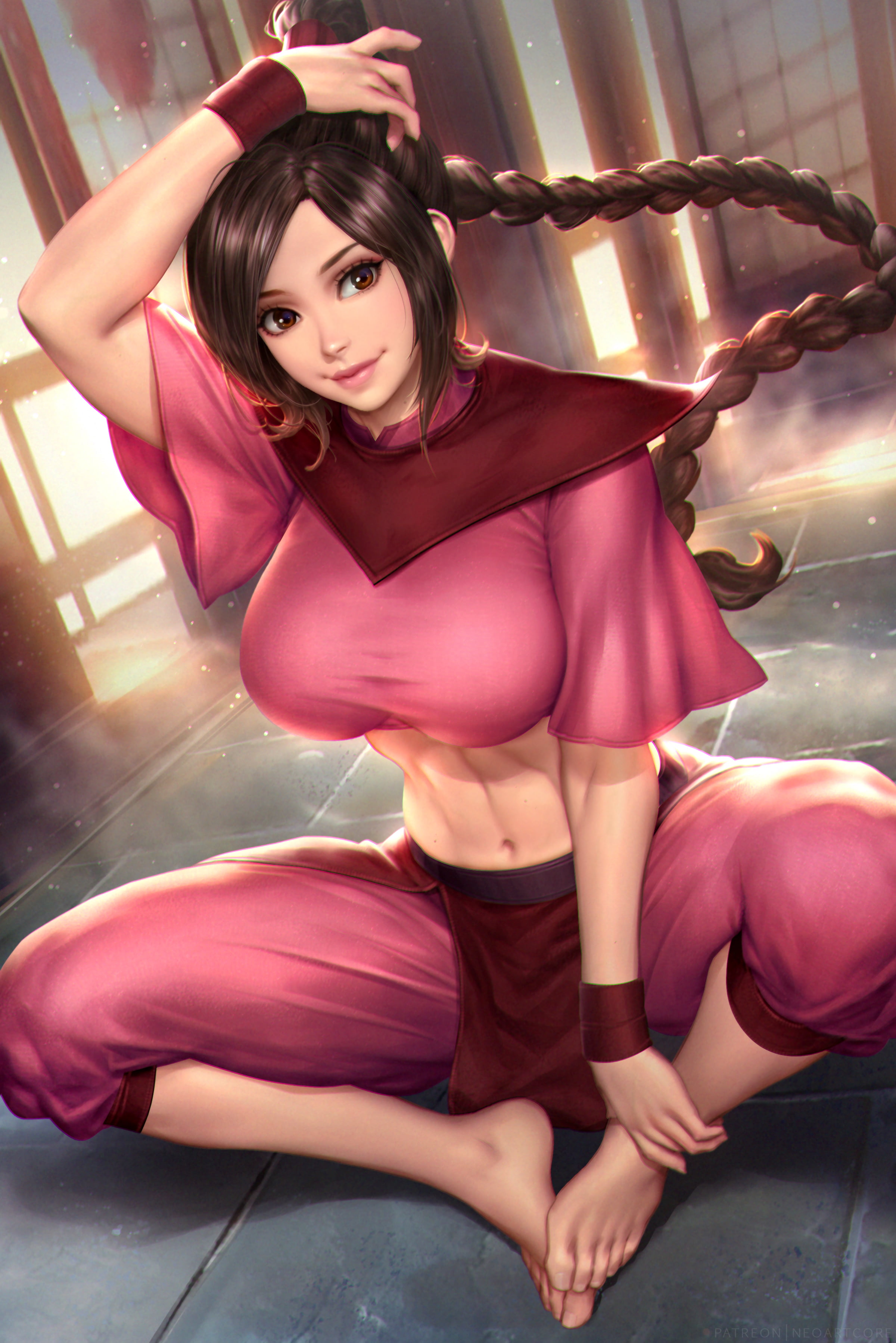 2K, ponytail, fan art, braided hair, fictional character, Avatar: The Last Airbender, looking at viewer, brunette, barefoot, 2D, NeoArtCorE (artist), illustration, Phone HD Wallpaper