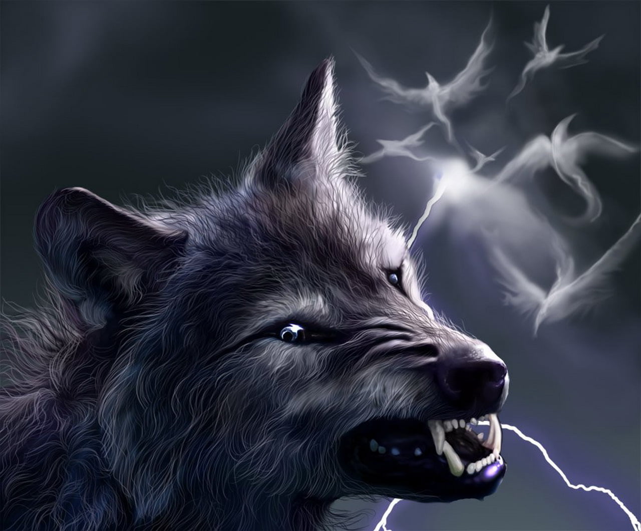 canine, werewolf, art, purebred Dog, animal, dark, lightning, animal themes, nature, animal Head, pets, puppy, whisker, mouth open, grin, fur, beautiful, HD Wallpaper