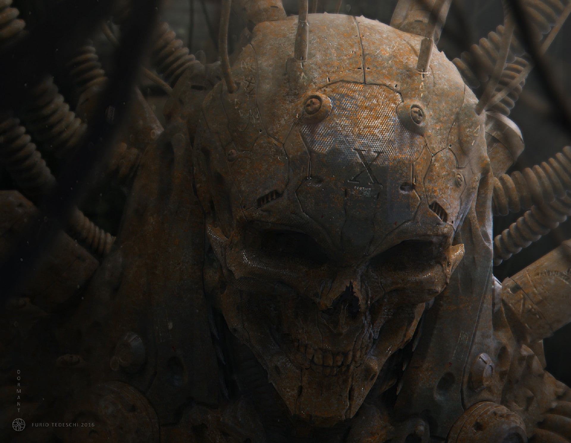 alien, monster, art, grin, cyborg, Furio Tedeschi, orbit, skull, human, Dormant, evil, 1080P, HD Wallpaper
